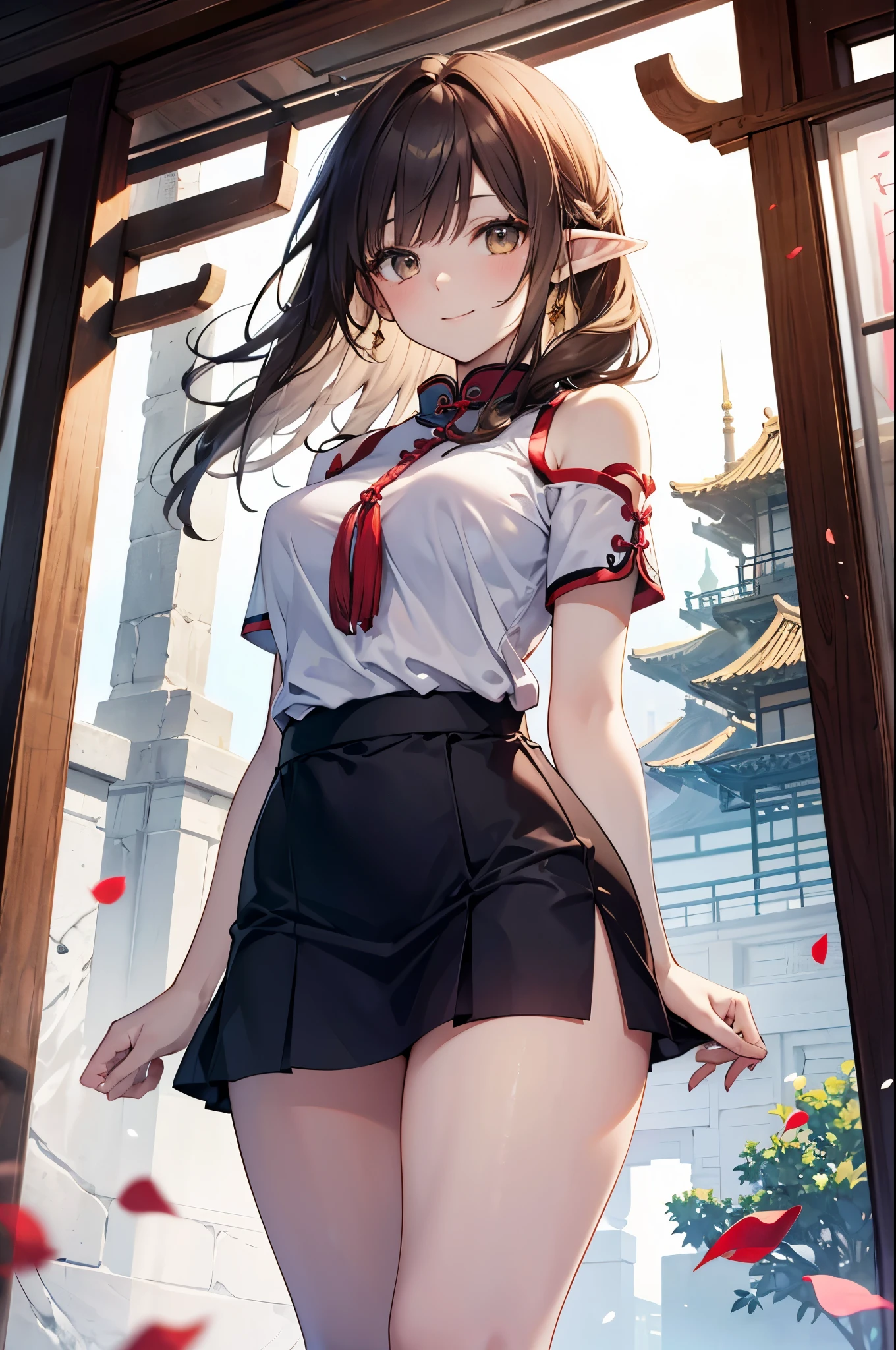realistic image, coherent image, detailed image, 1 beautiful elf. She has brown hair, long hair. Golden eyes, long eyelashes. Her face is oval and delicate. Smiling happily. She is wearing a t-shirt, showing her shoulder button, pleated mini skirt. She has a curvy body, medium breasts and thick thighs. Chinese temple, flower petals falling around. ambient light, volumetric light,