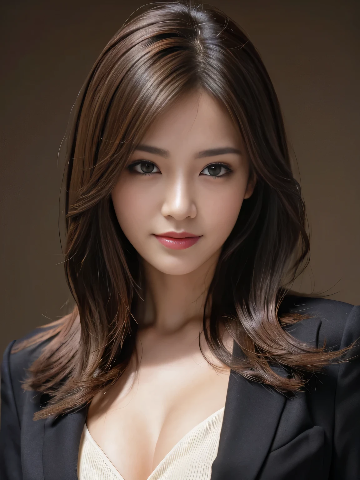 highest quality, realistically, Super detailed, detailed pubic hair, High resolution, solid color background,8k wallpaper, 1 beautiful woman,,light brown messy hair, wear a dark suit, lock focus, perfect dynamic composition, beautiful eyes, delicate hair, Detailed realistically skin texture, smile, close-up portrait, Preparing model body