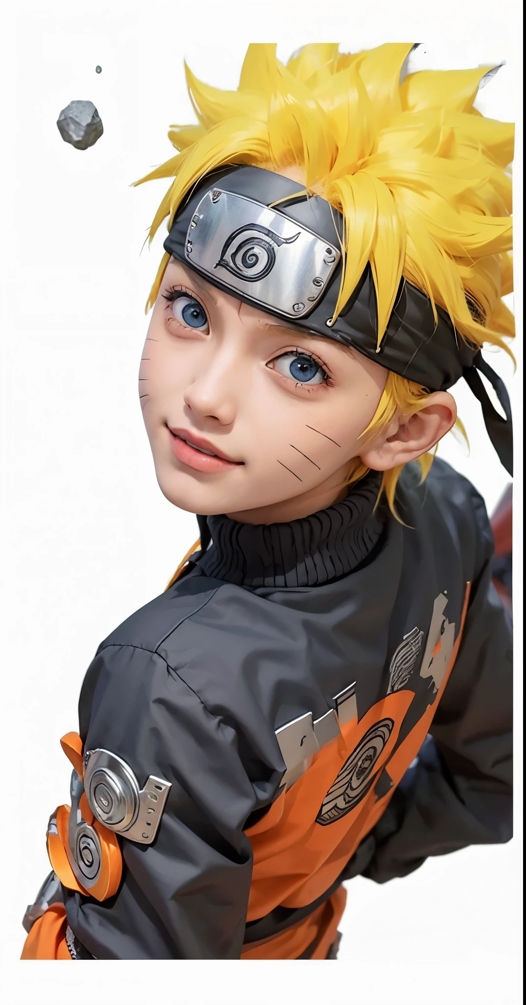 1 homem, uzumaki naruto no anime naruto shippuuden, cabelo curto , cabelo amarelo, olhos azuis, bonito, roupas laranja, Sorriso, realista clothes, roupas detalhadas, fundo da cidade, Ultra detalhe, realista
