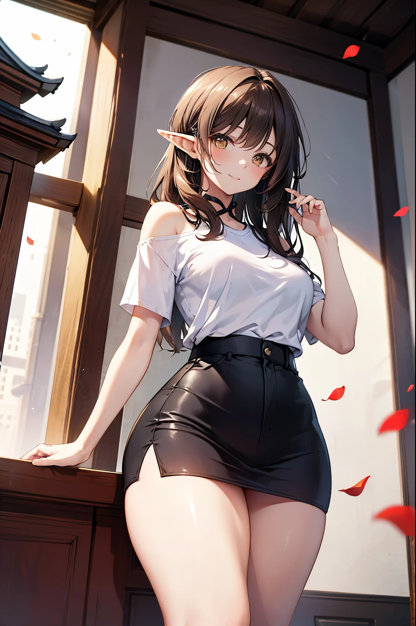 realistic image, coherent image, detailed image, 1 beautiful elf. She has brown hair, long hair. Golden eyes, long eyelashes. Her face is oval and delicate. Smiling happily. She is wearing a t-shirt, showing her shoulder, miniskirt. She has a curvy body, medium breasts and thick thighs. view from below. Chinese temple, flower petals falling around. ambient light, volumetric light,