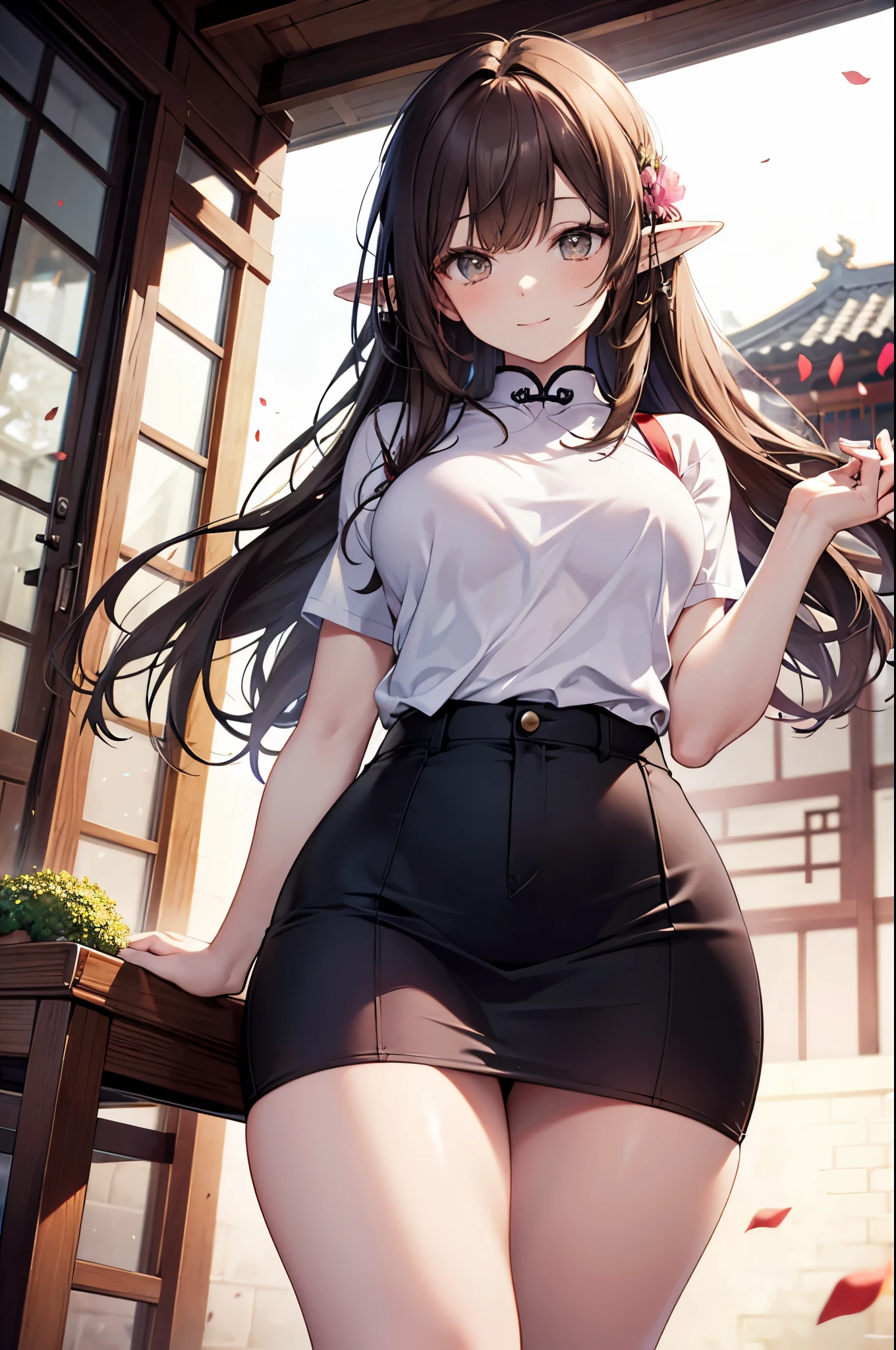 realistic image, coherent image, detailed image, 1 beautiful elf. She has brown hair, long hair. Golden eyes, long eyelashes. Her face is oval and delicate. Smiling happily. She is wearing a t-shirt, showing her shoulder, miniskirt. She has a curvy body, medium breasts and thick thighs. view from below. Chinese temple, flower petals falling around. ambient light, volumetric light,