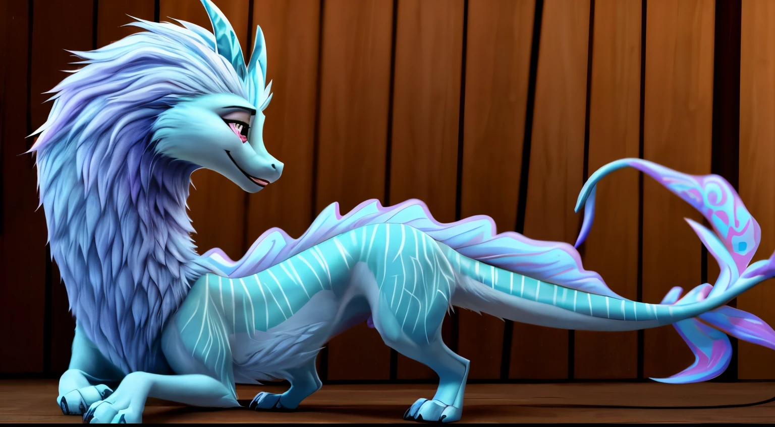 sisu, dragon, furry, feral, female, long hair, cyan skin, long body, light blue mane, beautiful eyes, perfect body, female, balanced coloring, feral, perfect lighting, (defined leg muscles),(camel toe), (4 toes), (black claws), 8K RAW, beautiful and detailed, solo, playing a song with a violin, standing, in a room, wearing headphones, concentrating