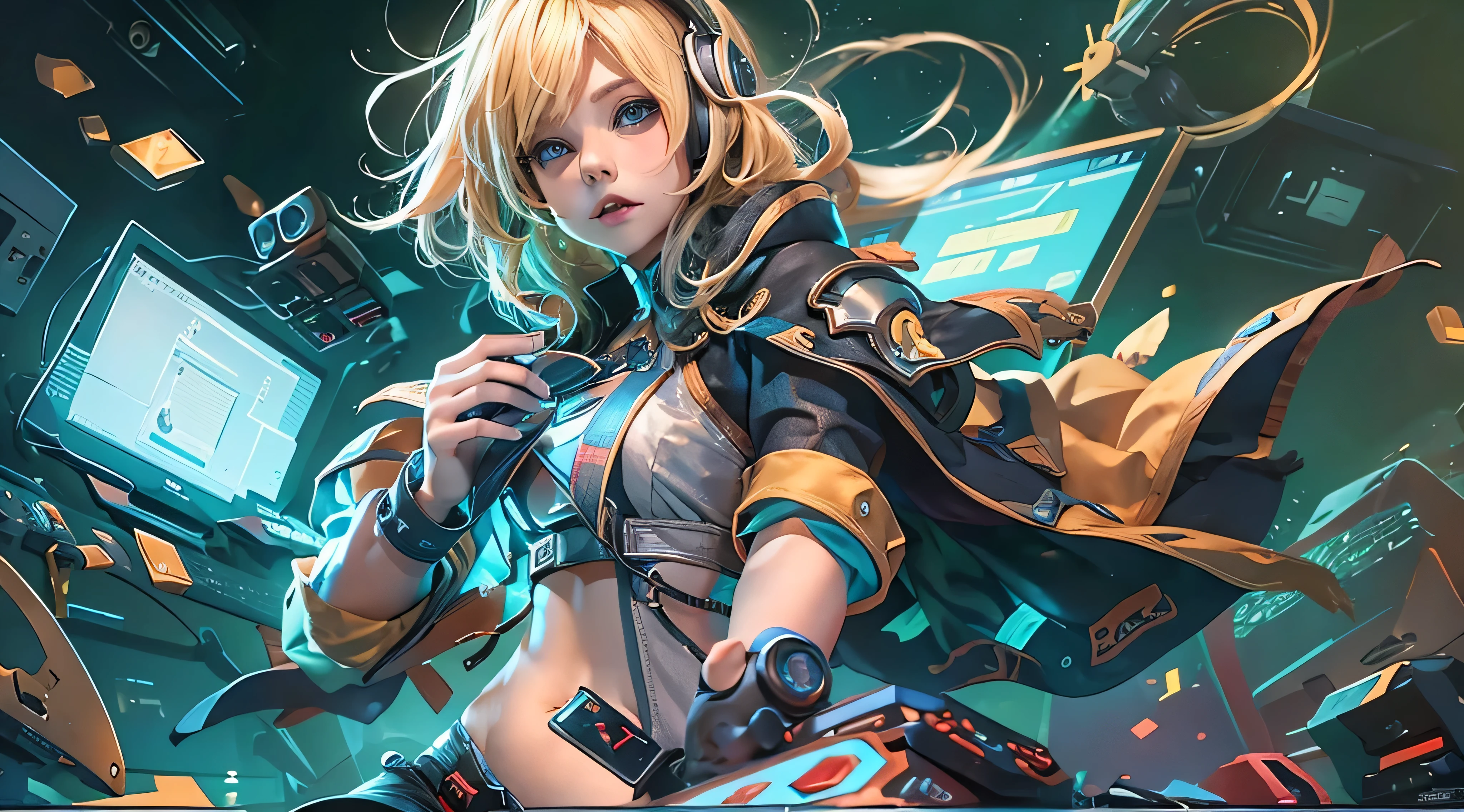 A girl with blond hair, wearing a colorful outfit and cosplay costume, stands in a dynamic pose. She has a playful expression on her face as she enjoys playing video games. The girl is a gamer, immersed in her virtual world, holding a console controller in one hand and a keyboard in the other. She wears headphones, symbolizing her dedication to gaming. The scene is set in a brightly lit studio with soft lighting, enhancing the vivid colors of the girl’s outfit. The composition is creative and cartoonish, with a background scenery featuring artistic interpretation of video game elements. Glowing digital effects surround the girl, adding to the energetic and action-packed atmosphere. Electric blue accents are scattered throughout the image, giving it a mysterious and futuristic feel. Overall, the prompt aims to capture the fun, enthusiasm, and creativity associated with gaming, while showcasing the girl's passion and love for video games in an anime-style artwork.
Gamer girl blond hair sexy outfit slim body