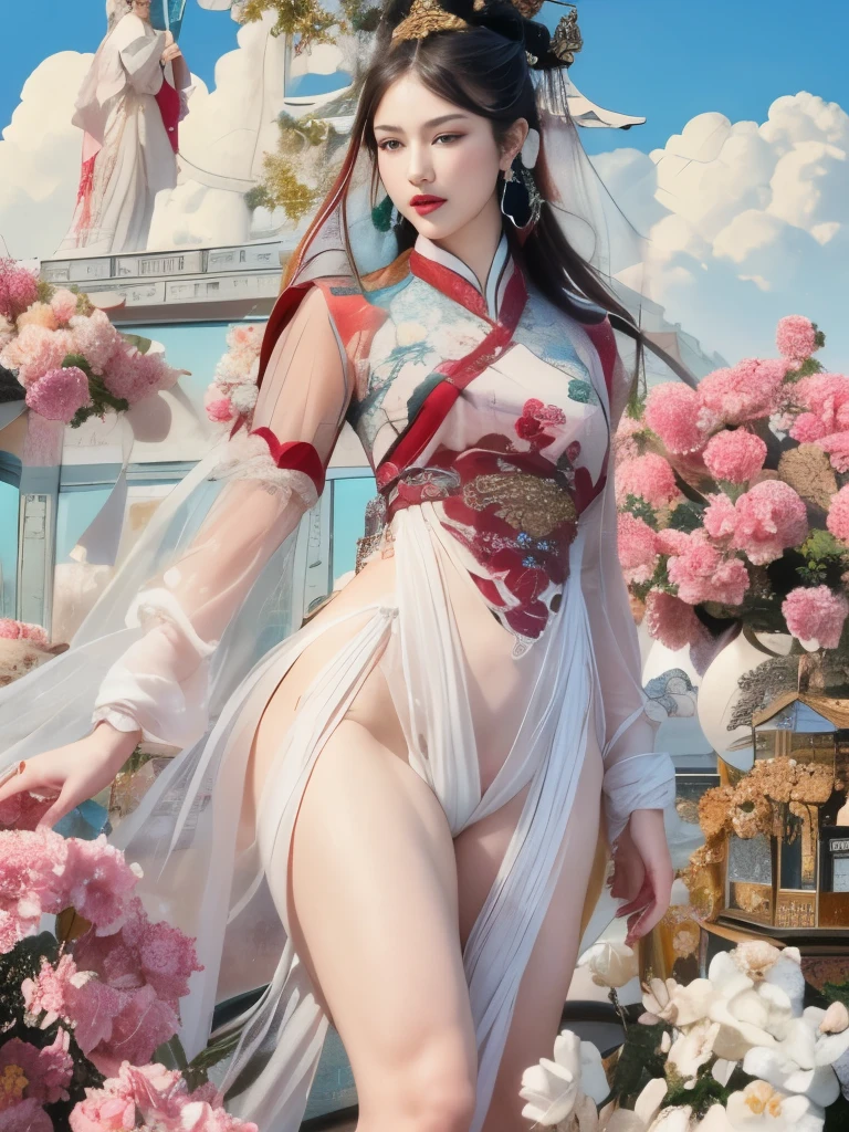 (masterpiece, top quality, best quality, official art, beauty:1.2),(The most detailed and clear facial features:2.0,clear fingers:2.0,facial contour:1.0) (1 Chinese goddess:1.5), Very detailed,(Dunhuang艺术:1.1),(Dunhuang,colorful:1.1)(flowers:1.3),most detailed,(Zentangle:1.2), (dynamic posture,Showing thighs:2.0), (Blue sky and white clouds moon background:1.3), (Chinese embroidered Hanfu:1.2), (Spread your legs for shiny skin,Protruding the pubic bone:1.9), (Many colors:1.4), ,(earrings:1.4),(transparent:1.5)