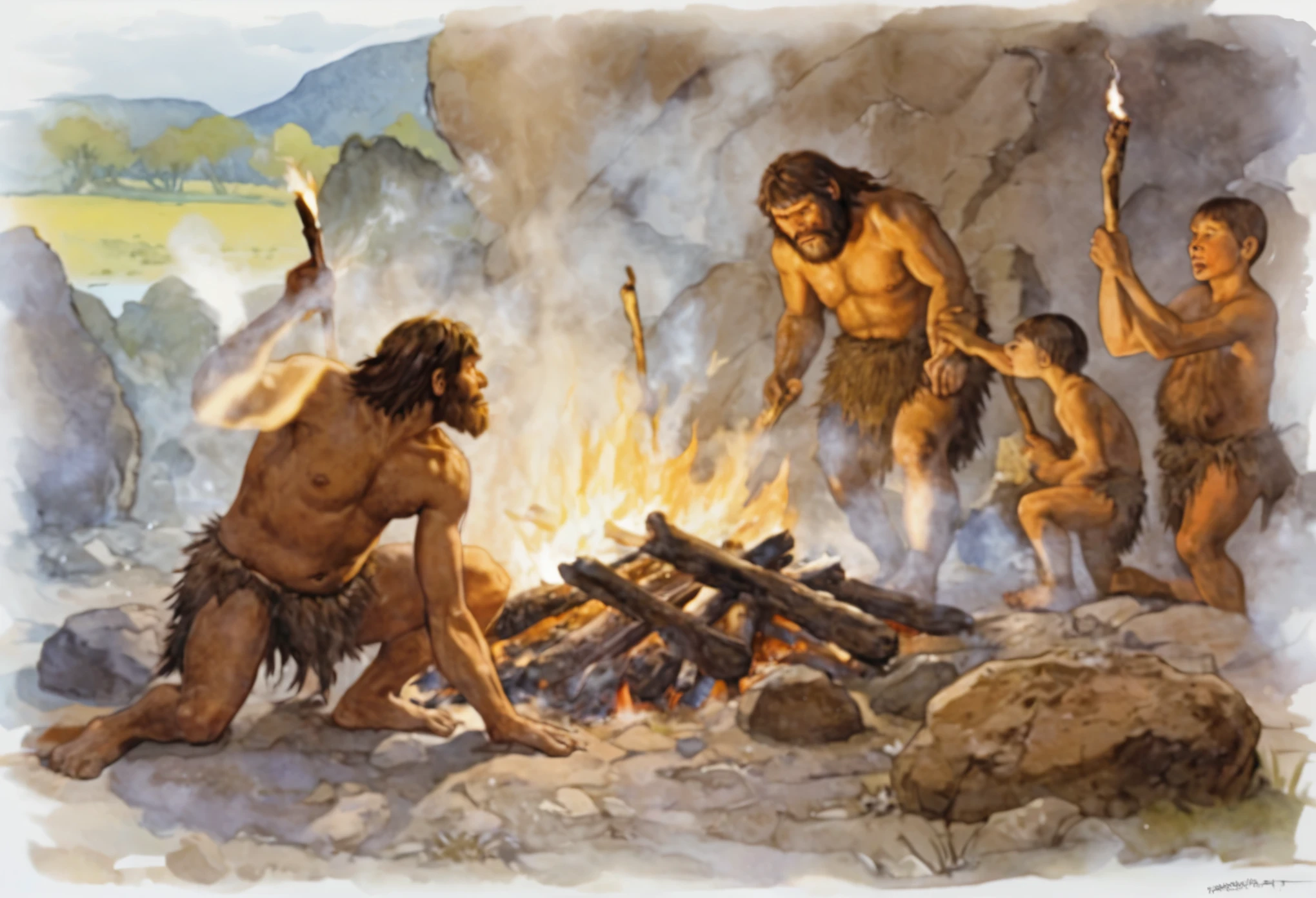Primitive people hold torches，standing by the fire, Neanderthal 生火煮食, prehistoric caveman, Neanderthal, bonfire, Paleolithic, Stone Age, first human on earth, prehistoric period, The dawn of humanity, firelight at night，author：Randolph Caldecott, (best quality, masterpiece, representative work, official art, professional, Super complex and detailed, 8K:1.3)