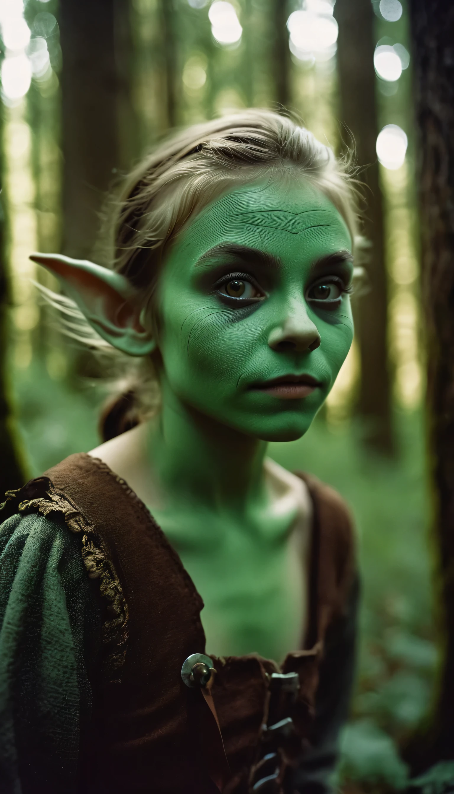 analog film photo, photo of young goblin rogue, female, 13 years-old, greenish skin, diminutive build, pointy ears, upturned nose, slitted pupils, pretty, natural beauty, mystical forest, RAW Photograph, dslr, soft lighting, high quality, film grain, Fujifilm XT3, detailed skin with visible pores, insane details, masterpiece, 8k, 35mm photograph, dslr, kodachrome, faded film, desaturated, 35mm photo, grainy, vintage, Kodachrome, Lomography, stained, highly detailed, found footage, close-up shot