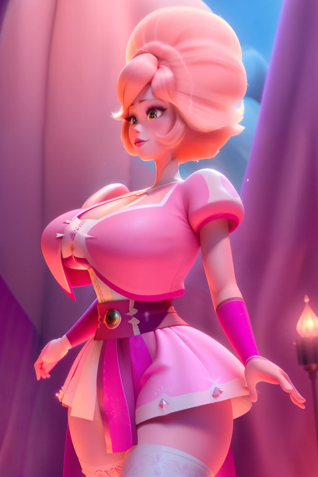 pnkdamond, pink hair, pink eyes,  big hair,  stomach gem,  pink skin,  toned, 
puffy short sleeves, elbow gloves ,  white thighhighs,   puffy dress, 
standing, upper body, 
 outerspace,  
(insanely detailed, beautiful detailed face,beautiful detailed eyes, masterpiece, best quality) cinematic lighting,  smile, 
 