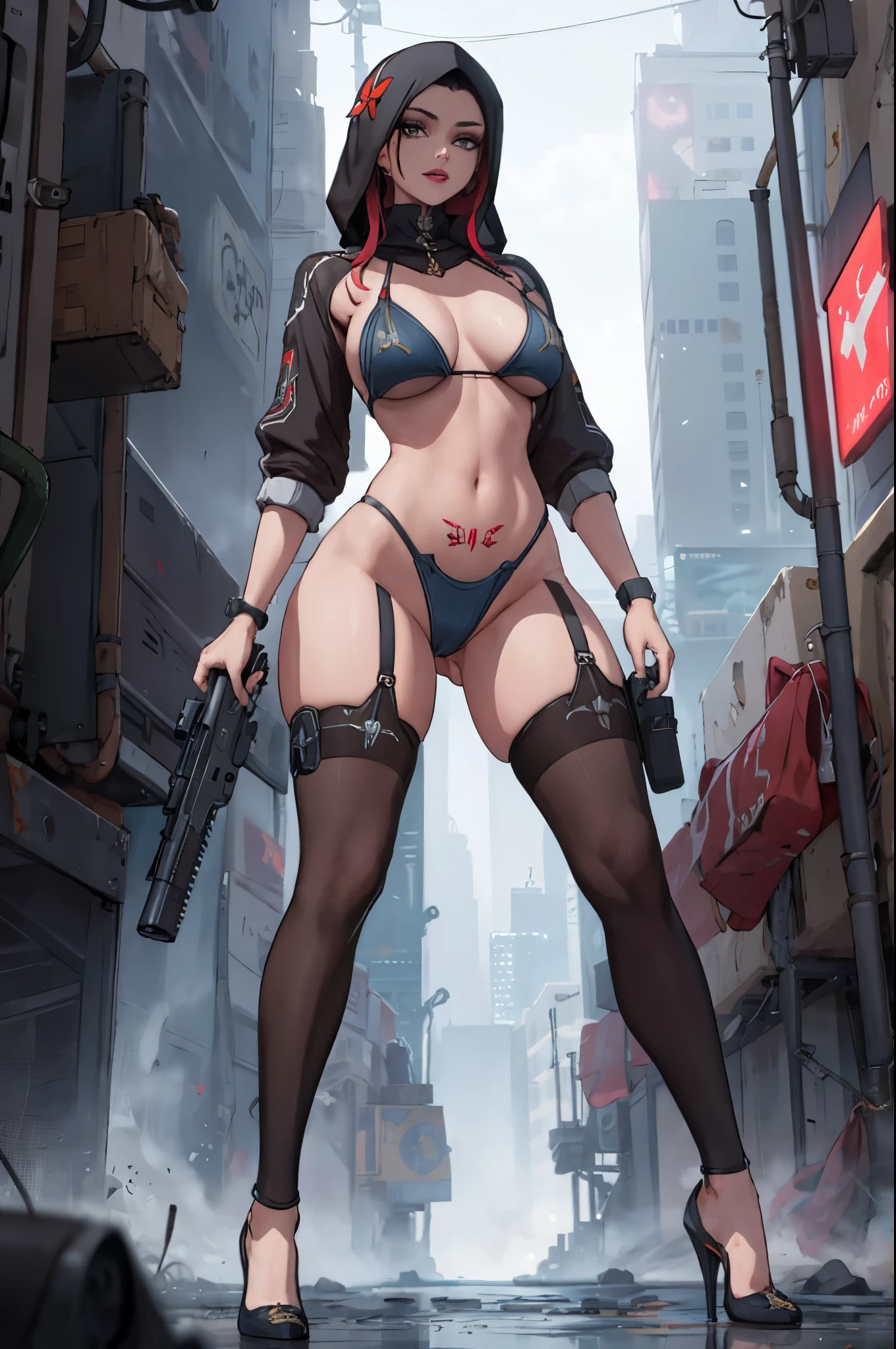 (Best Quality, Masterpiece), A cinematic movie poster for an action film, 1woman, Arabic, middle eastern, wearing silk Hijab, Crimson red PVC bikini, a tattoo of a butterfly under her belly, polished nails:0.91, huge breasts, glossy lips, private parts slightly visible, stockings, high heels, Cyberpunk theme, policewoman, holding a firearm, explosions, beams, blasters, cinematic, fade.
