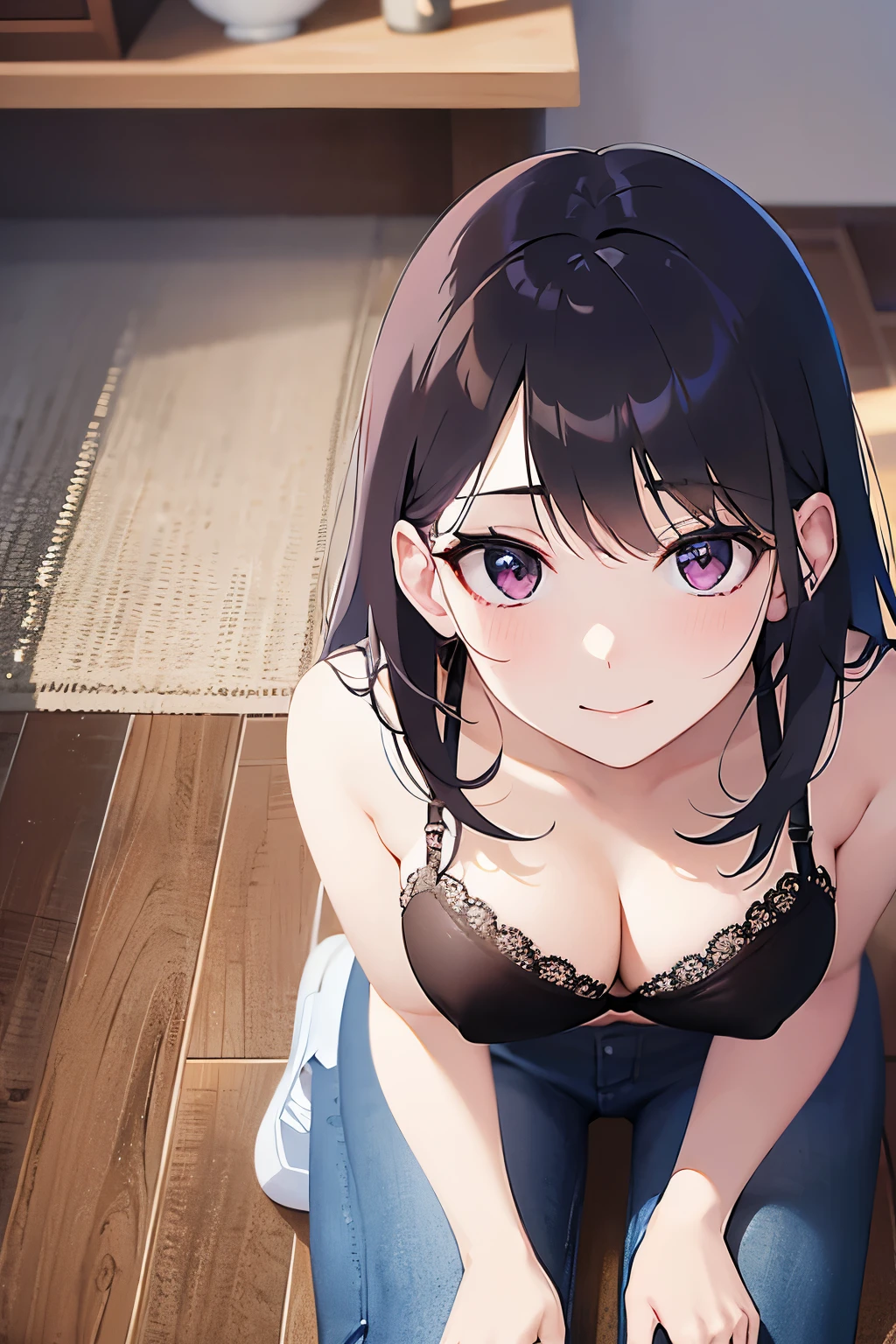 Hands on knees、leaning forward, shooting from above、looking up, Upper Body, Realistic, real person, (pale skin: 1.2), RAW photo, photorealistic, portrait photography, shiny skin, japanese idol、shiny hair、(25 year old woman with straight medium hair with bangs) and (black hair) and (purple eyes) , (pink lace bra:1.2)、wearing jeans、(embarrassed:1.3), smile, The background is the living room、Alone、
