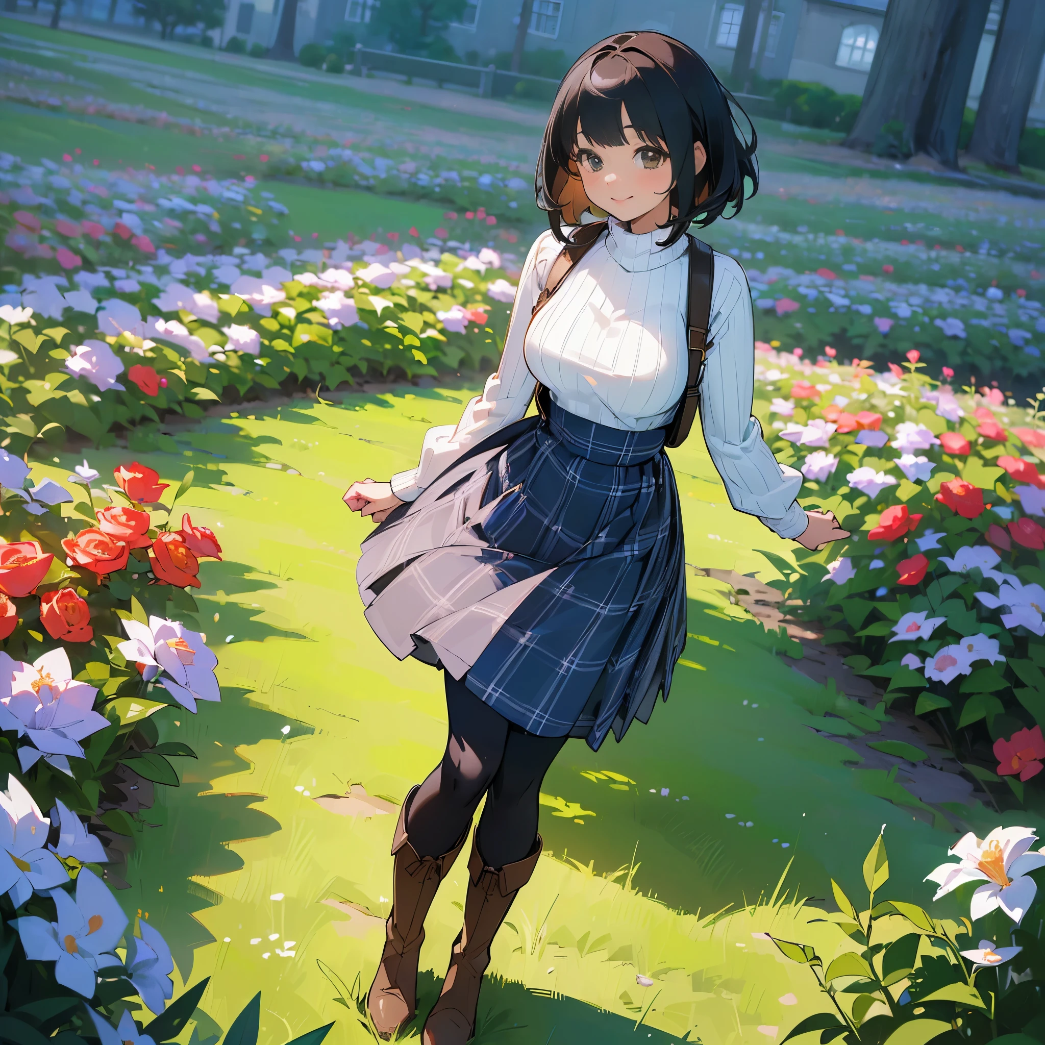 (high quality, High resolution, Super detailed, reality:1.37), peaceful atmosphere, (outdoor, garden), teenage girl standing alone, (my breasts are big.), Beautiful detail features, cute smile, (black bob hair), ribbed sweater, blue plaid skirt, black tights, brown boots.