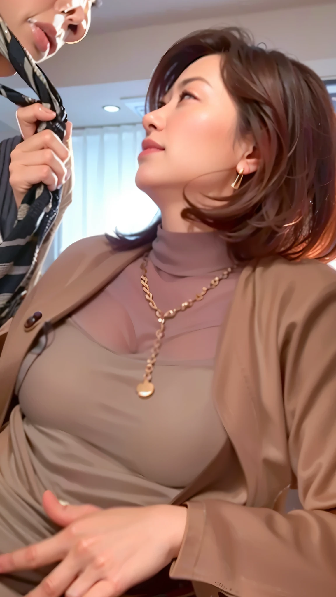 (16k, ultra highres:1.2),(masterpiece:1.2),(best quality:1.4),(RAW photo:1.2),(realistic, photo realistic:1.3),(ultra detail:1.2),(sharp focus:1.3),detail background,cinematic light,best shadow,attractive,beautiful skin,
,cowboy shot,look at viewer,
beautiful face,pretty idol women,smile,medium breasts,pregnant woman in a 黄褐色 shirt and a man in a brown jacket,  Jacket with plenty of cleavage, Turtleneck shirt with see-through chest,You can see the bulge in her well-shaped chest,gold chain necklace,(A beautiful Japanese woman in profile pulls the face of a middle-aged man by picking up his regimental tie.),The profile of a middle-aged man below his nose is visible., (photo realistic:1.4), (hyper realistic:1.4), (realistic:1.3), (smoother lighting:1.05), (Improve the quality of cinematic lighting:0.9), 32K, 40 year old Japanese woman, realistic lighting, hotel room,backlit sunlight, ray tracing, (bright light:1.2), (Improvement of quality:1.4), (Highest quality realistic textured skin:1.4), detailed eyes, detailed face, high quality eyes, (Tired, sleepy and satisfied:0.0), upper body close-up, T-shirt, (Enhance the mood of your body line:1.1), (Enhances the beauty of skin texture:1.1)