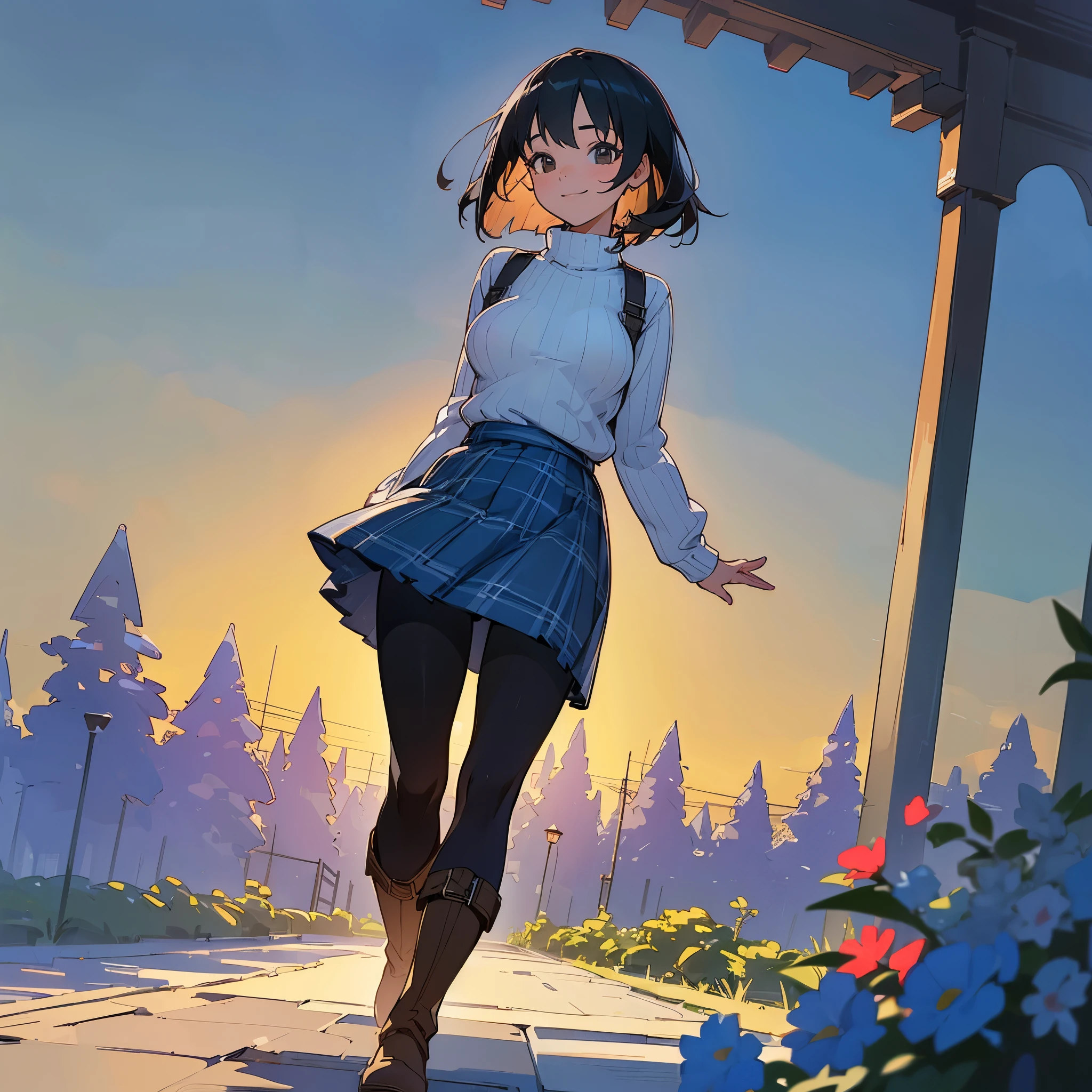 (high quality, High resolution, Super detailed, reality:1.37), peaceful atmosphere, (outdoor, garden),  girl standing alone, (my breasts are big.), Beautiful detail features, cute smile, (black bob hair), ribbed sweater, blue plaid skirt, black tights, brown boots.