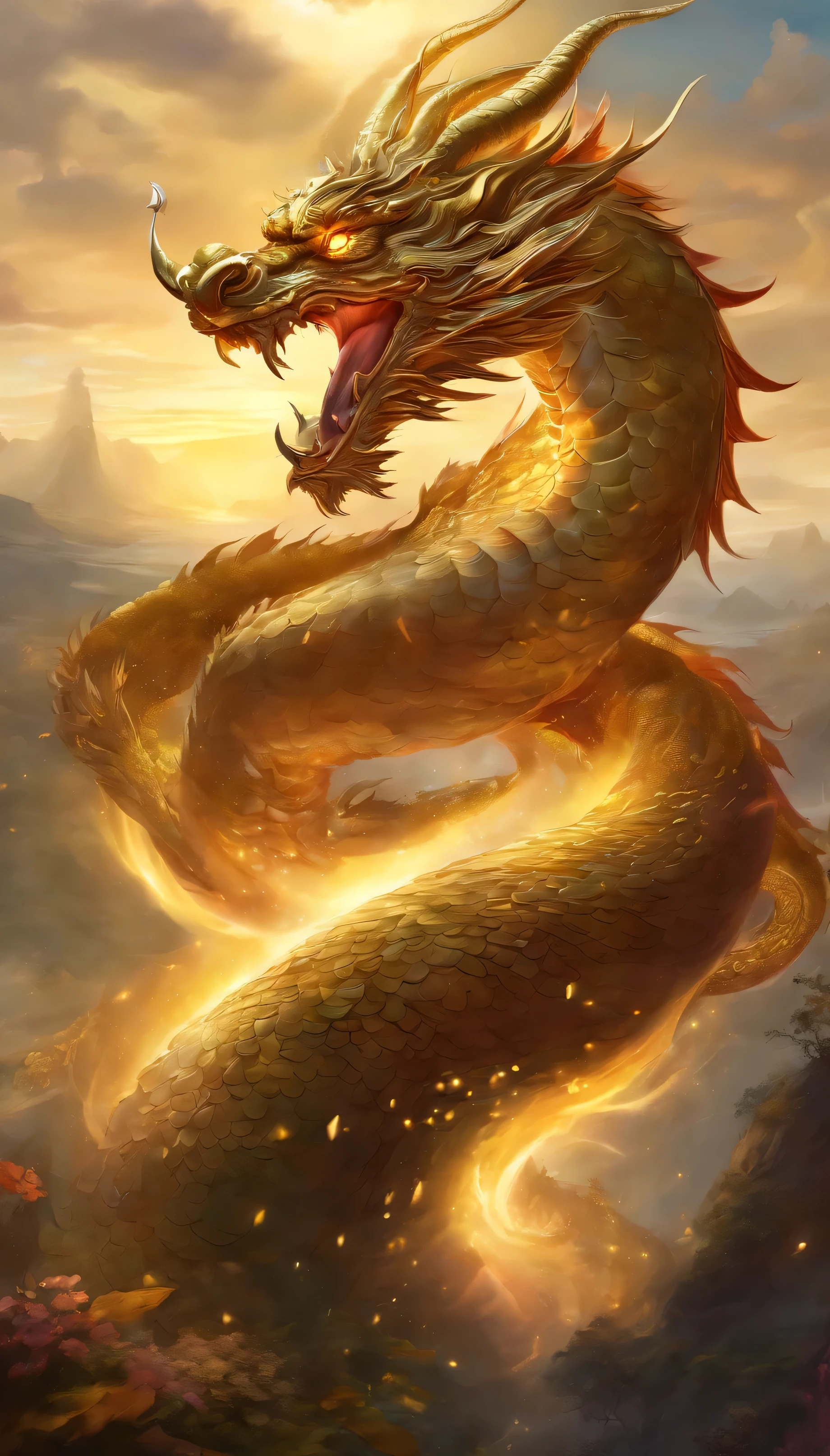 (best quality, high resolution:1.2), (Realistic,fotorrealista:1.37), fundo preto, A Chinese dragon with seven heads emerges from the darkness, Torneira frontal，Olhos vermelhos fracos, detalhes intrincados, ((front view:1.4)),((Golden:1.4))