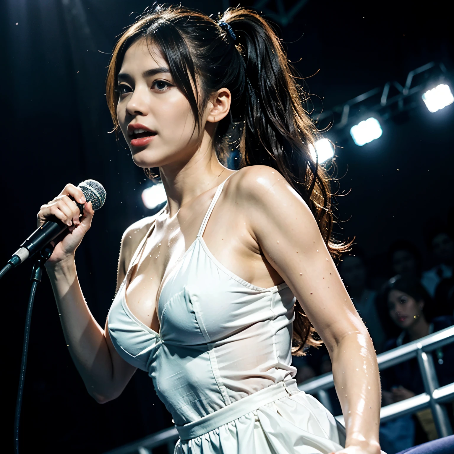 "(highest quality、4k、8k、High resolution、masterpiece:1.2)、Super detailed、(real、photorealistic、photorealistic:1.37)、(professional lighting:1.5)、(correct anatomy 1.5)、traditional japan、A young and beautiful Japanese woman、、perfect proportions、Wet、erotic、whets the appetite、detailed and beautiful eyes、beautiful detailed lips、long eyelashes、curly hair、twin tails、sensual look、smooth skin、fit the body、sparkling eyes、shining lips、sensual curves、Passionate、provocative、seductive pose、soft lighting、romantic atmosphere、subtle shadow、intense colors、enchantingly illuminated、high contrast、eroticism、 intimate atmosphere、Luscious、desire、joy、erotic beauty、erotic sensations、fluid movement、erotic arousal、Wetness、characteristic shine、Wet skin、flowing movement、(orgasmic release)、Drip crotch、uncontrollable joy、intense feeling、fascinating moment、She is wearing a gorgeous Chinese dress、wet with body fluids、rich breasts、Top idol group members、sing and dance vigorously at a concert、I'm excited、Pressing the microphone against your crotch will make you feel better.、Body fluids continue to drip from the crotch with legs spread.、