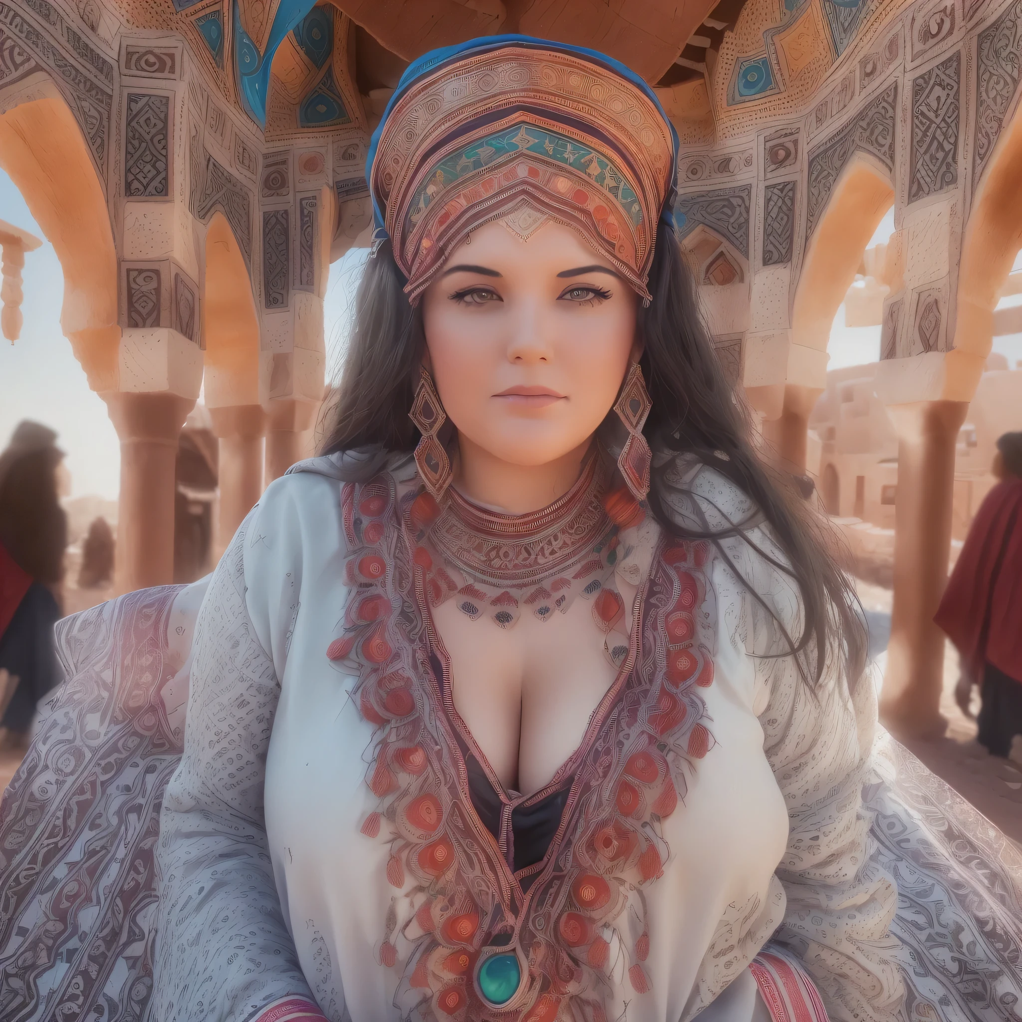((Amazigh Ait Baamarane)), ((best quality)), ((masterpiece)), ((realistic,digital art)), (hyper detailed),DonMD3m0nV31ns,lightning veins, Lush Instrument, Optimal Viewing Angles,Eye Wash Stations,Detachable Units,Assembly Blocks, Lace, Crystalline, beautiful, happy, traditional, Amazigh headdress, Amazigh culture, long shot scenic professional photograph of pretty woman, BBW, curvy, brunette, bright eyes, jewelry, Moroccan Caftan, TazerzitXL, isni, liberty headdress, Moroccan pattern background, Marrakech, Riad pool, Morocco, Berber, souk, medina, perfect viewpoint, highly detailed, wide-angle lens, hyper realistic, with dramatic sky, polarizing filter, natural lighting, vivid colors, everything in sharp focus, HDR, UHD, K