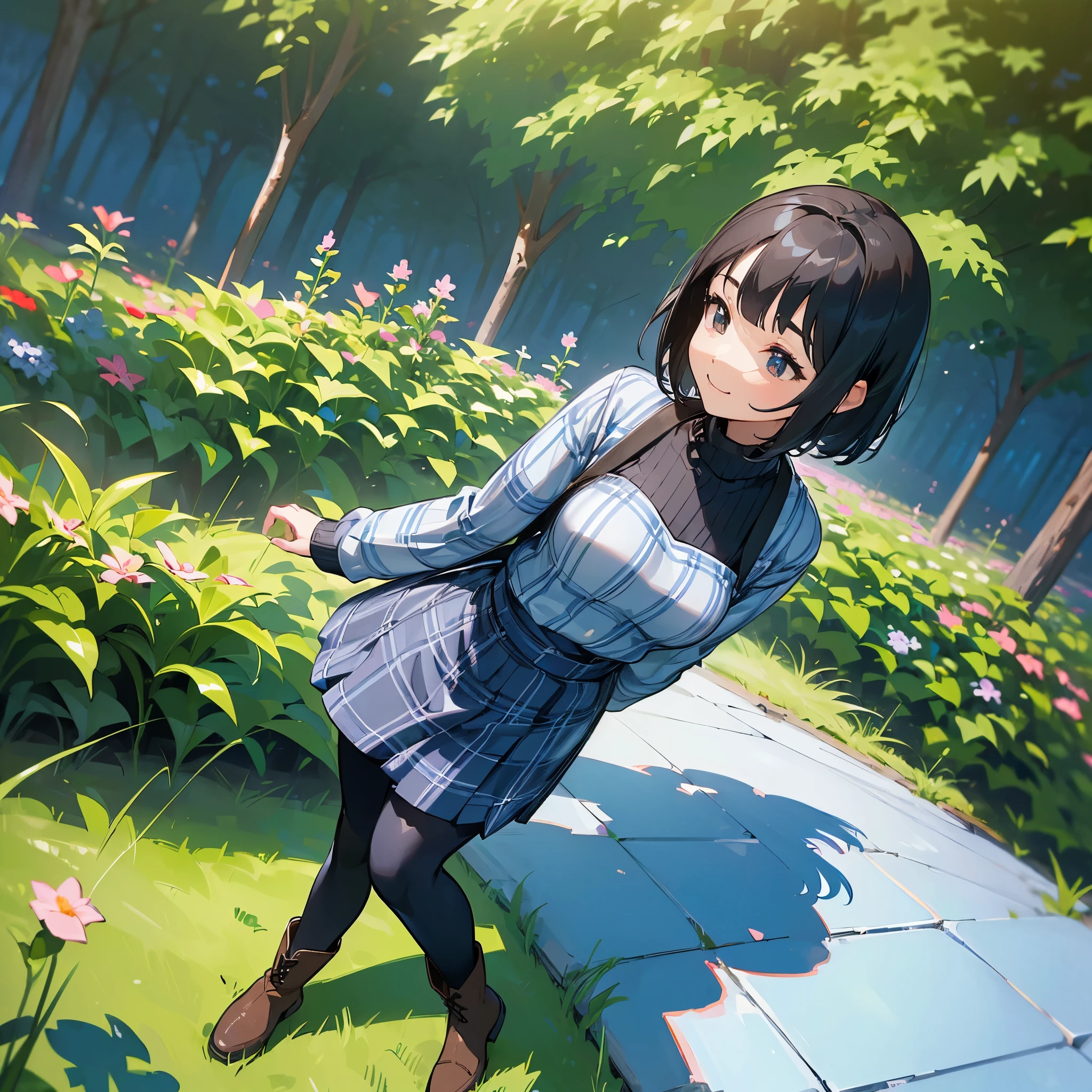 (high quality, High resolution, Super detailed, reality:1.37), peaceful atmosphere, (outdoor, garden), teenage girl standing alone, (my breasts are big.), Beautiful detail features, cute smile, (black bob hair), ribbed sweater, blue plaid skirt, black tights, brown boots.