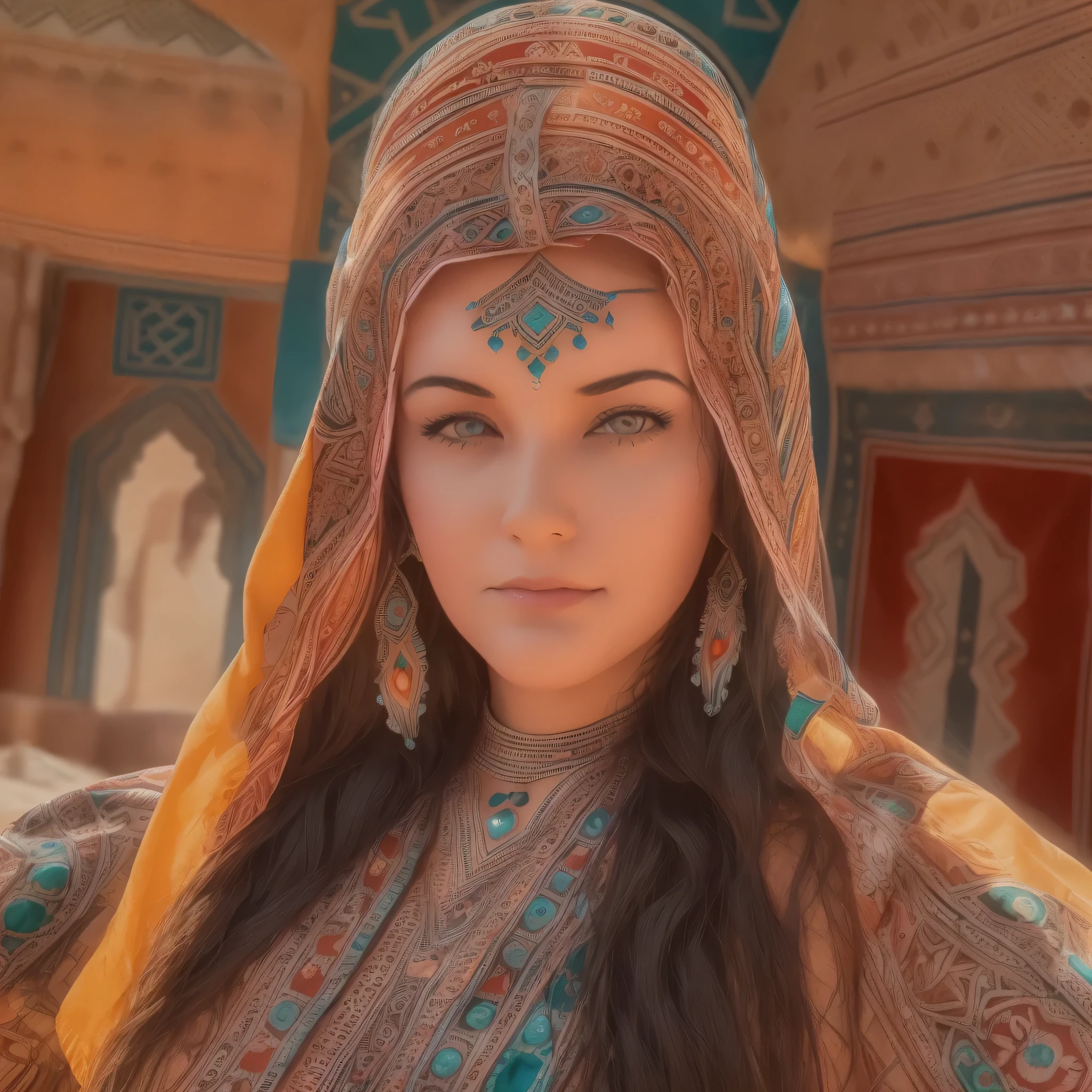 ((Amazigh Ait Baamarane)), ((best quality)), ((masterpiece)), ((realistic,digital art)), (hyper detailed),DonMD3m0nV31ns,lightning veins, Lush Instrument, Optimal Viewing Angles,Eye Wash Stations,Detachable Units,Assembly Blocks, Lace, Crystalline, beautiful, happy, traditional, Amazigh headdress, Amazigh culture, long shot scenic professional photograph of pretty woman, BBW, curvy, brunette, bright eyes, jewelry, Moroccan Caftan, TazerzitXL, isni, liberty headdress, Moroccan pattern background, Marrakech, Riad pool, Morocco, Berber, souk, medina, perfect viewpoint, highly detailed, wide-angle lens, hyper realistic, with dramatic sky, polarizing filter, natural lighting, vivid colors, everything in sharp focus, HDR, UHD, K