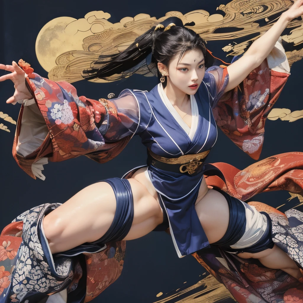 (masterpiece, top quality, best quality, official art, beauty:1.2),(The most detailed and clear facial features:2.0,Face profile:1.0) (1 Japanese Chunli:1.5), Very detailed,(Ukiyo-e艺术:1.1),(Ukiyo-e,rich and colorful:1.1)(flowers:1.3),most detailed,(Zentangle:1.2), (dynamic poses,Showing thighs:2.0), (Blue sky and white clouds moon background:1.3), (Japanese kimono:1.2,Kimono transparent:1.5), (spread legs,Create glowing skin,Camel toe pubis:1.2), (Many colors:1.4), ,(earrings:1.4),