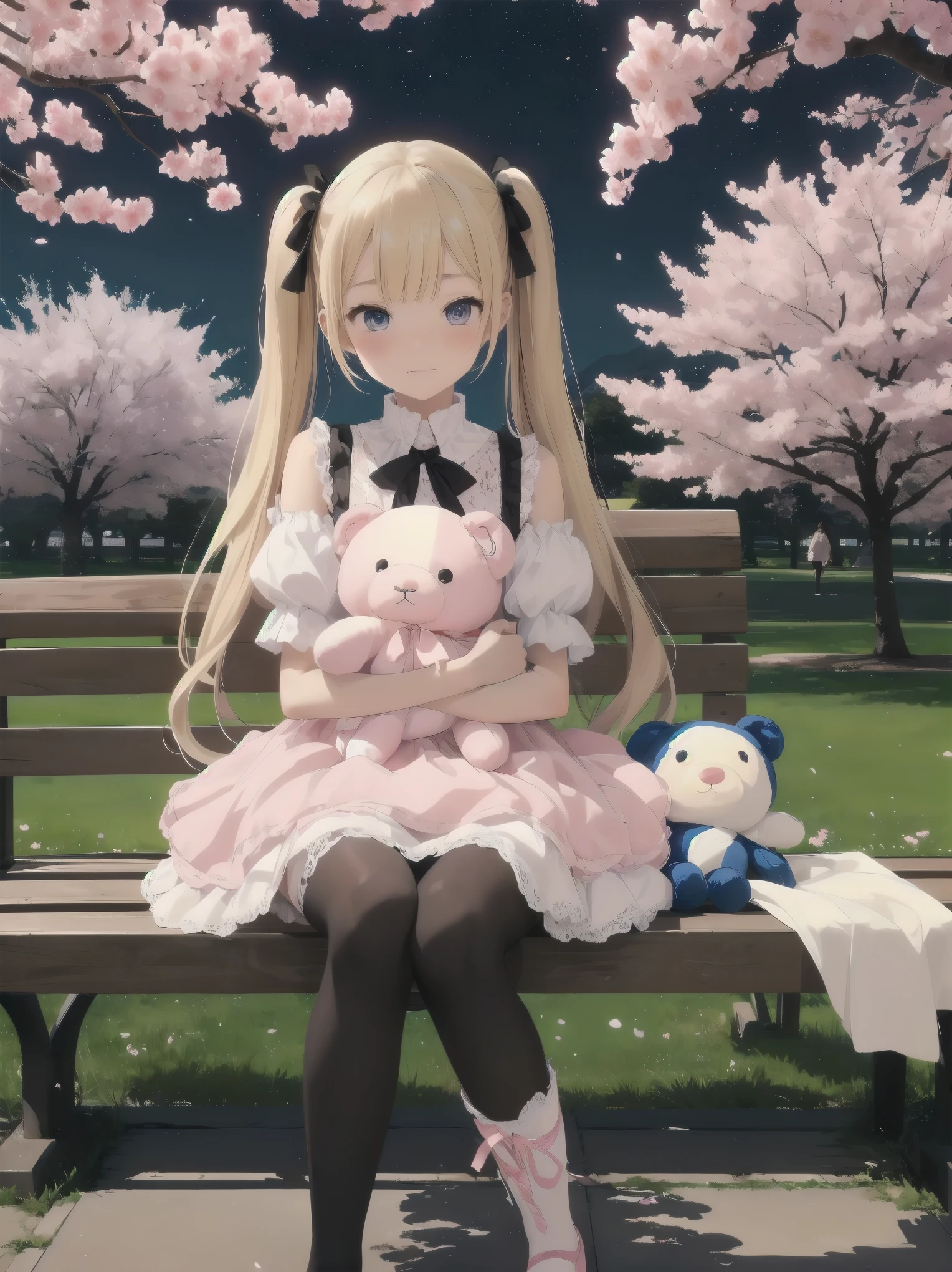 Title: "Stuffed Toys on a Starry Night
Synopsis:.
A cute stands under a fantastic nighttime cherry blossom tree.
She is wearing black tights, and at her feet sits a cute flower-patterned stuffed animal.
Steam was rising from the air, and a cluster of particles, fluorescent in seven different colors, danced around her, creating a fluffy atmosphere.
The girl holds the stuffed animal with an embarrassed expression.
Her costume incorporates elements of lace and ribbons, harmonizing with the beauty of the nighttime cherry blossoms.
Costume
Fluffy white lace dress
Pink ribbon on the chest
Puff sleeves
Skirt is knee-length and worn with black tights
Pink loafers on her feet
Posing
Holding a large stuffed animal
Looking shy and downcast
Blushing cheeks
Hair in twin-tails tied with a pink ribbon
Situation
Walking along a row of cherry blossom trees
Sitting on a park bench
Drinking tea at a cafe
Other
The girl's hair color is blonde and her eyes are blue
Age is
Her personality is cheerful and kind