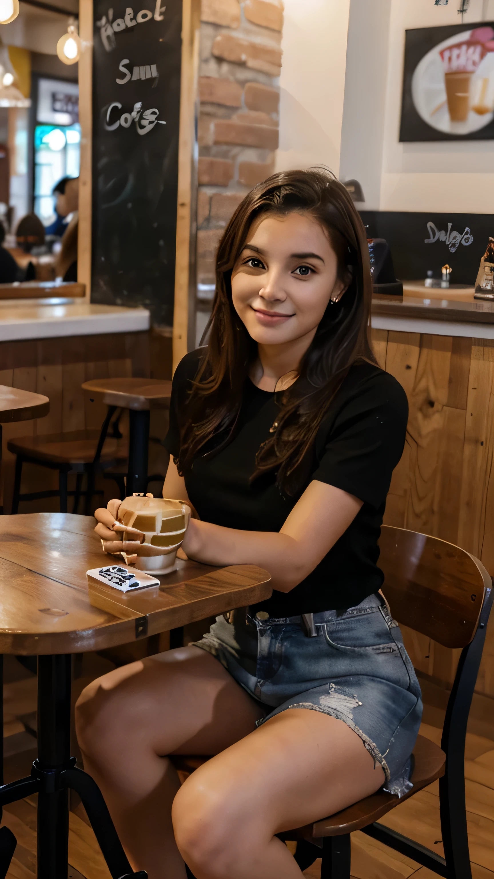 a young woman sitting in a cafe taking a selfie for social media