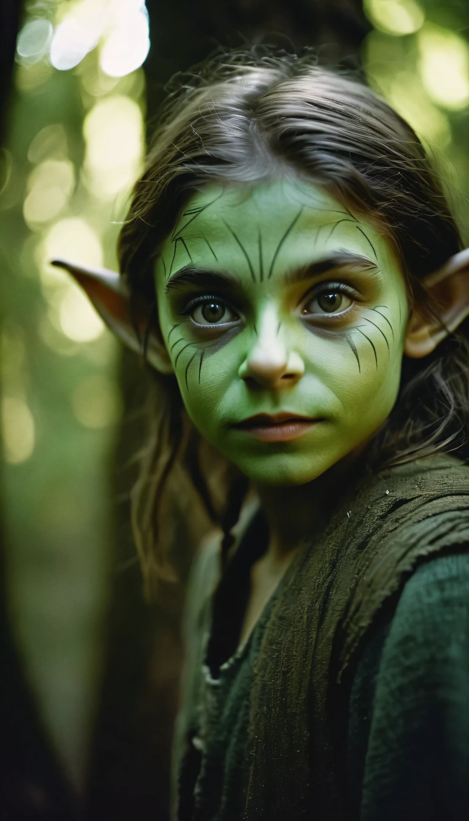 analog film photo, photo of young goblin thief, female, 13 years-old, greenish skin, diminutive build, pointy ears, upturned nose, slitted pupils, pretty, natural beauty, mystical forest, RAW Photograph, dslr, soft lighting, high quality, film grain, Fujifilm XT3, detailed skin with visible pores, insane details, masterpiece, 8k, 35mm photograph, dslr, kodachrome, faded film, desaturated, 35mm photo, grainy, vintage, Kodachrome, Lomography, stained, highly detailed, found footage, close-up shot