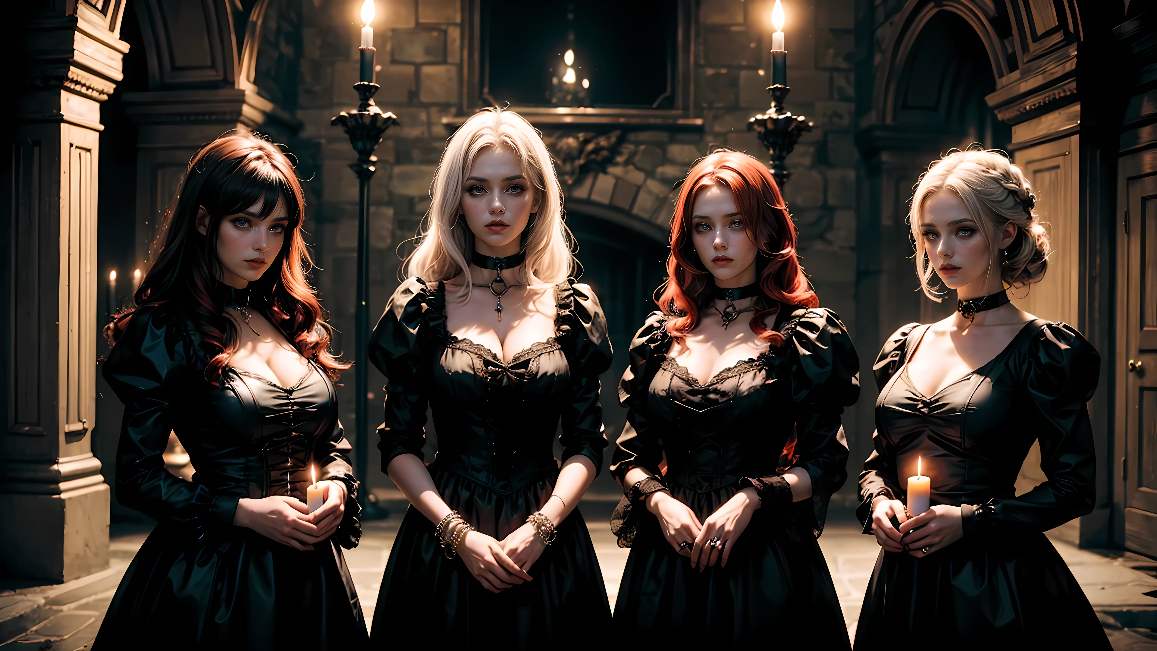 Three beautiful 21 year old girls, three witches, detailed beautiful hair, detailed beautiful eyes, small breasts, red hair, black hair, white hair, choker collar, bracelets, black dresses, standing, gothic decor, hammer horror film mansion, Victorian mansion, candles, candlelight, gloomy, dungeon, dramatic lighting, cinematic lighting, Rembrandt lighting