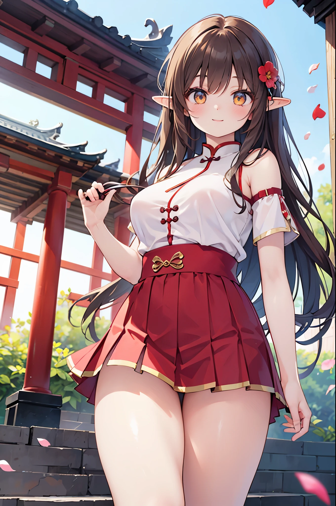 realistic image, coherent image, detailed image, 1 beautiful elf. She has brown hair, long hair. Golden eyes, long eyelashes. Her face is oval and delicate. Smiling happily. She is wearing a t-shirt, showing her shoulder button, pleated mini skirt. She has a curvy body, medium breasts and thick thighs. Chinese temple, flower petals falling around. ambient light, volumetric light,