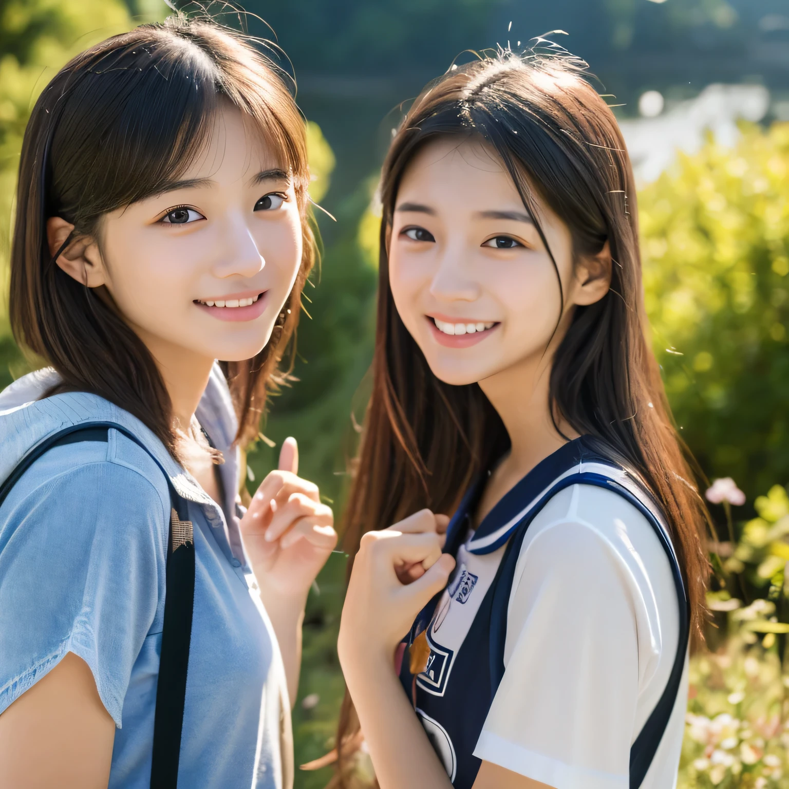 16 year old identical twin sisters, clear facial features, close, happy and golden retriever, black hair, walk on a mountain path.(8K、Live shooting、highest quality、masterpiece:1.2)、Super detailed、super resolution、(hyper genuineity、)Super detailed、super resolution、(genuine、genuine photo:1.47)、highly detailed face、highly detailed eyes、very genuine skin、 highly detailed fingers, highly detailed nose, highly detailed mouth, highly detailed background,