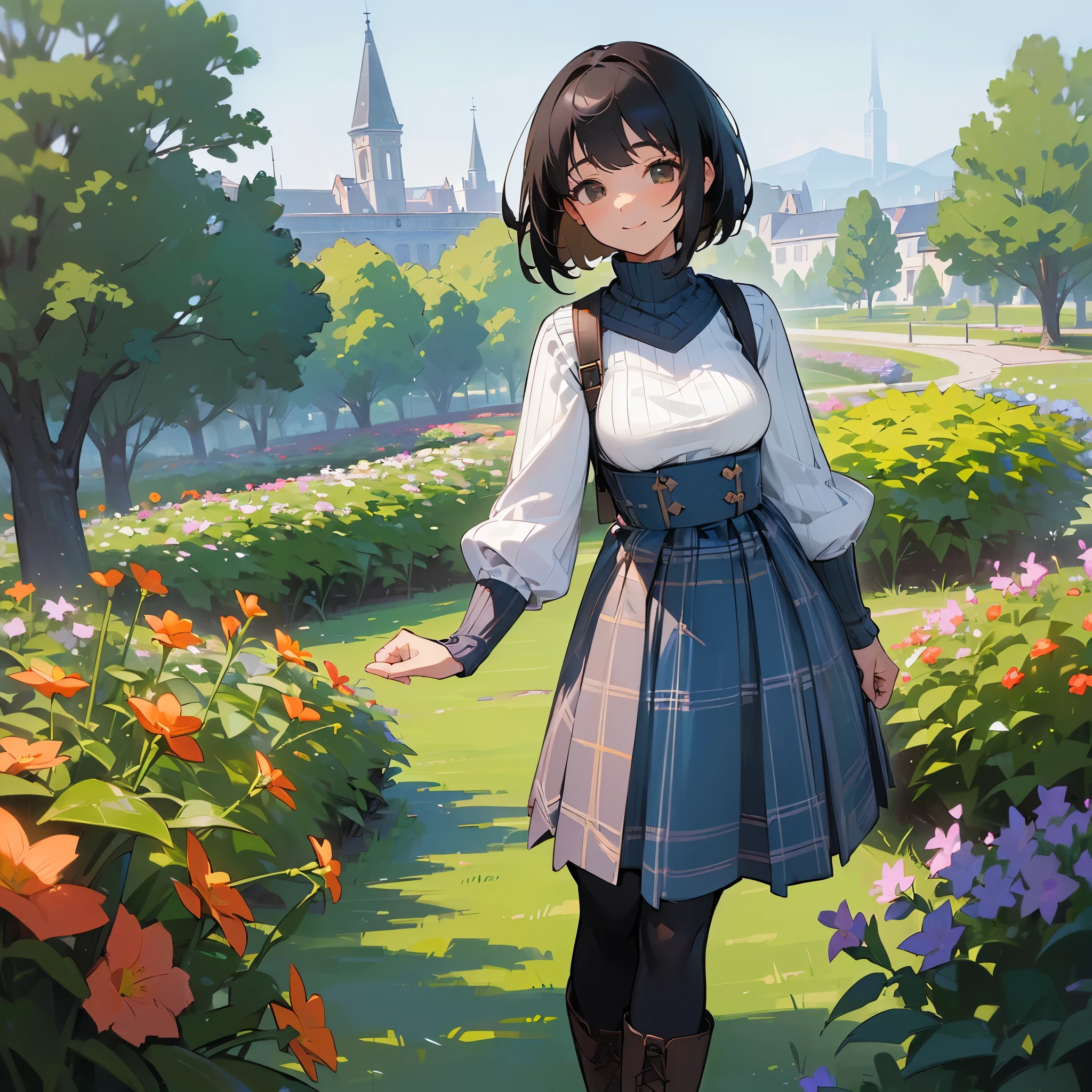 (high quality, High resolution, Super detailed, reality:1.37), peaceful atmosphere, (outdoor, garden), teenage girl standing alone, (my breasts are big.), Beautiful detail features, cute smile, (black bob hair), ribbed sweater, blue plaid skirt, black tights, brown boots.