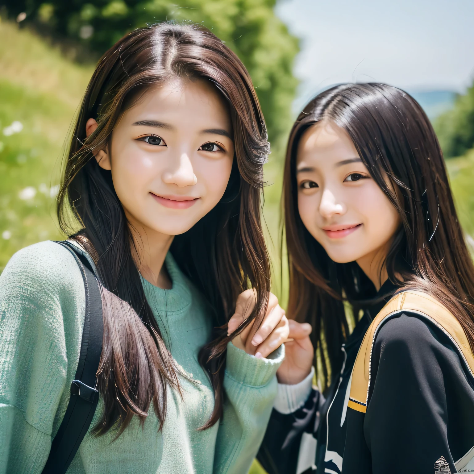 identical twin sisters, clear facial features, close, happy and golden retriever, black hair, walk on a mountain path.(8K、Live shooting、highest quality、masterpiece:1.2)、Super detailed、super resolution、(hyper genuineity、)Super detailed、super resolution、(genuine、genuine photo:1.47)、highly detailed face、highly detailed eyes、very genuine skin、 highly detailed fingers, highly detailed nose, highly detailed mouth, highly detailed background,