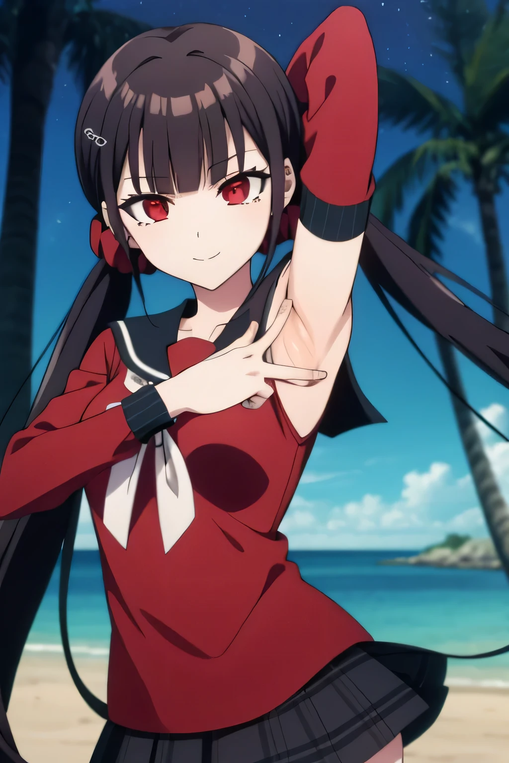 sword art online, yui, long hair, bangs, black hair, hair ornament, very long hair, high ponytail, blunt bangs, hime cut, brown eyes, masterpiece, best quality, anime screencap, tsuchimiya, competition swimsuit, black swimsuit, 1girl, solo, night, ocean, v, thigh gap, happy, red one-piece swimsuit, close-up, wet, high saturation, high contrast, outdoor, 