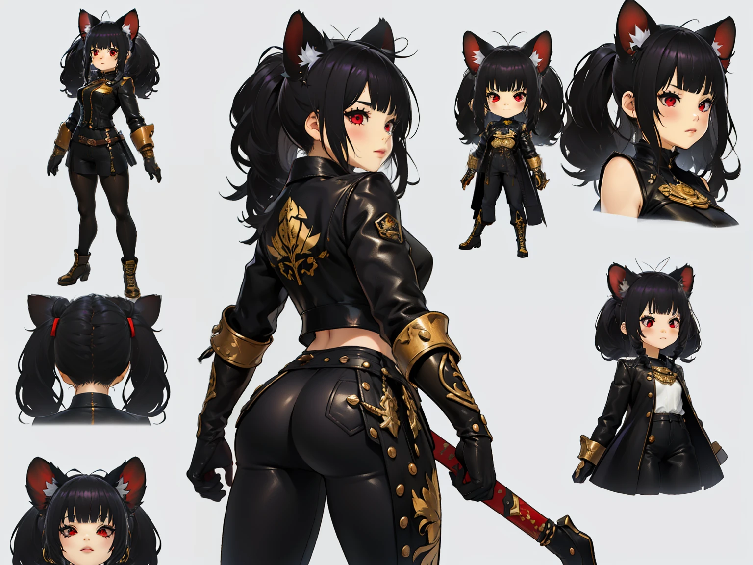 (chibi:1.2), Primer plano de una mujer joven sosteniendo una gran espada, ((arte conceptual del personaje)), ((character design sheet, mismo personaje..., frente, side, Back)) ,((long hair with pigtails and a black fringe with cat ears, beautiful red eyes)), arte del personaje de la historia del arce, video game character design, video game character design, Historia de la pistola Maple Girl, Arte conceptual muy detallado elaborado por expertos., Concepto de arte de bala de metal, Funny character design, Lucio is a woman..., gravity inspiration, Tar clay. arte conceptual, Hebilla en la cintura, armas steampunk,