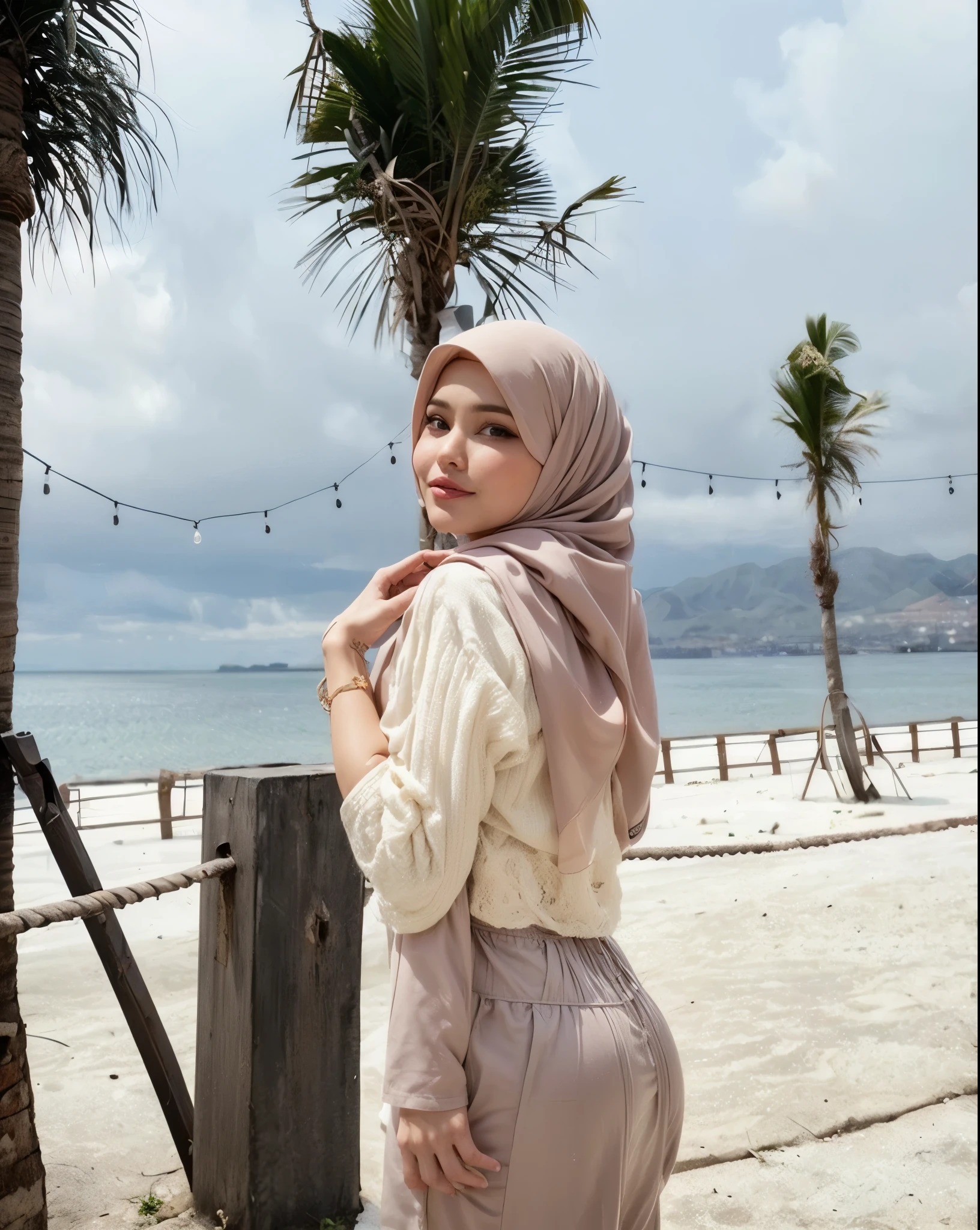 Wanita itu berdiri anggun di tepi pantai, berbalut hijab lembut berwarna krem, mengenakan kemeja lengan panjang berwarna merah muda yang serasi dengan rok panjang bermotif bunga, menari anggun di tepian air, sementara angin laut bermain-main dengan rambut panjangnya.