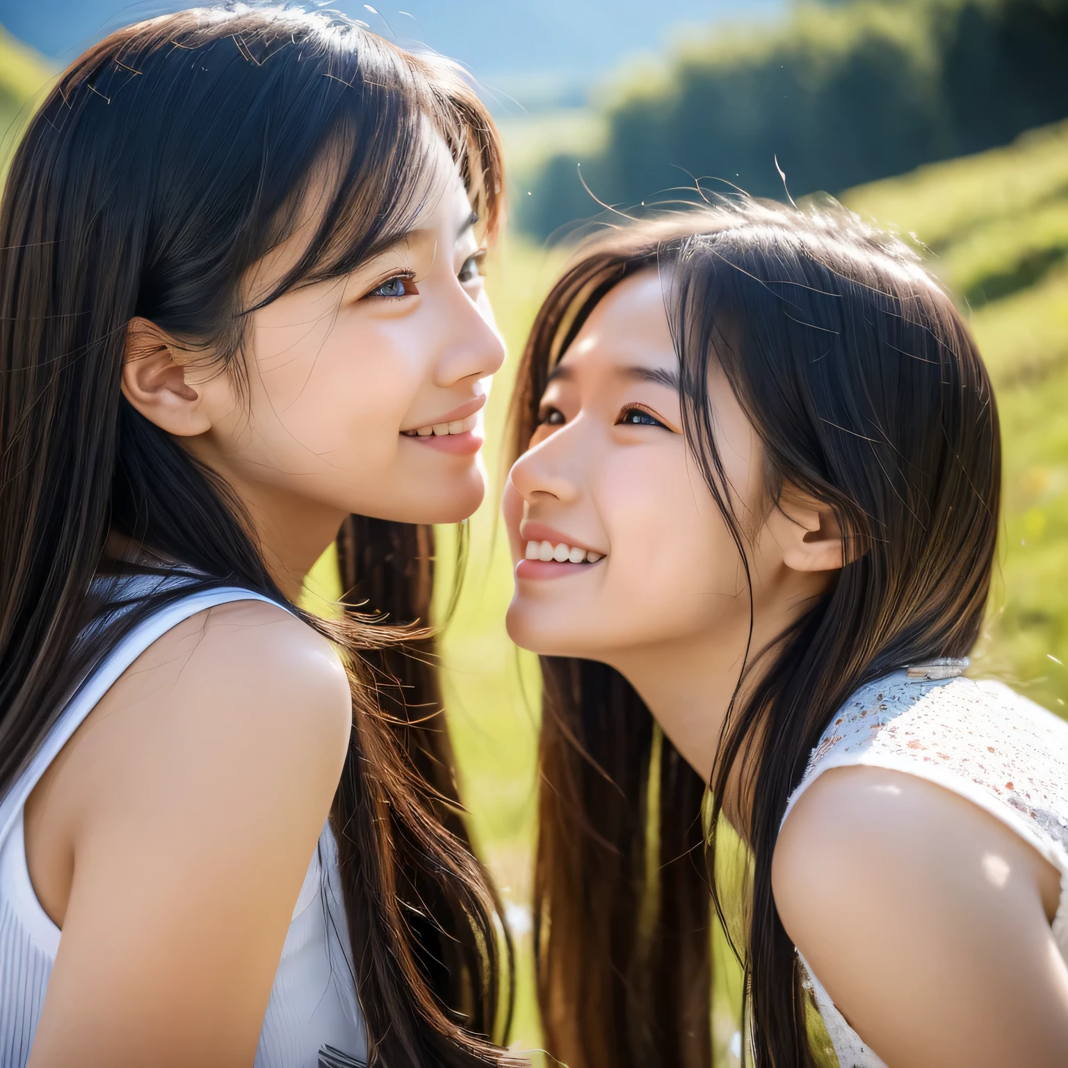 16 year old identical twin sisters, clear facial features, close, happy and golden retriever, black hair, walk on a mountain path.(8K、Live shooting、highest quality、masterpiece:1.2)、Super detailed、super resolution、(hyper genuineity、)Super detailed、super resolution、(genuine、genuine photo:1.47)、highly detailed face、highly detailed eyes、very genuine skin、 highly detailed fingers, highly detailed nose, highly detailed mouth, highly detailed background,