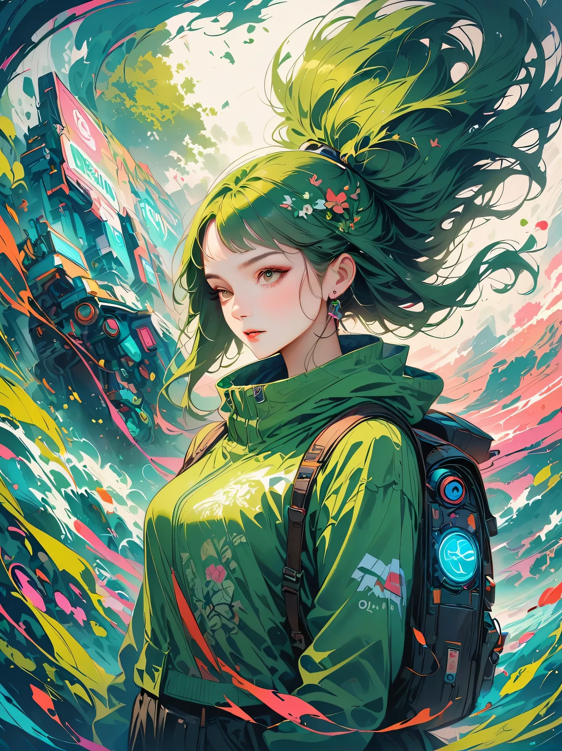 best picture quality,8k,high resolution,masterpiece,Super detailed,Realistic,ultra high definition,studio lighting,Super fine,Physical rendering,Extremely detailed description,major,Bright colors,There is one wearing black and green clothes,Girl with backpack on back,Cyberpunk streetwear, cyberpunk suit, Soft cyberpunk style, (Roronoa Zoro one piece),complex,atmosphere,Art Station Trend,Abnormal Art Trends,mechanized body,complex details,Neon light rays surround,Complex and detailed machinery,Meticulous facets,steel,chrome,polished metal,cable,piston,Servo motors,off-white,weathered,dieselpunk,oil slick,electric,fantasy