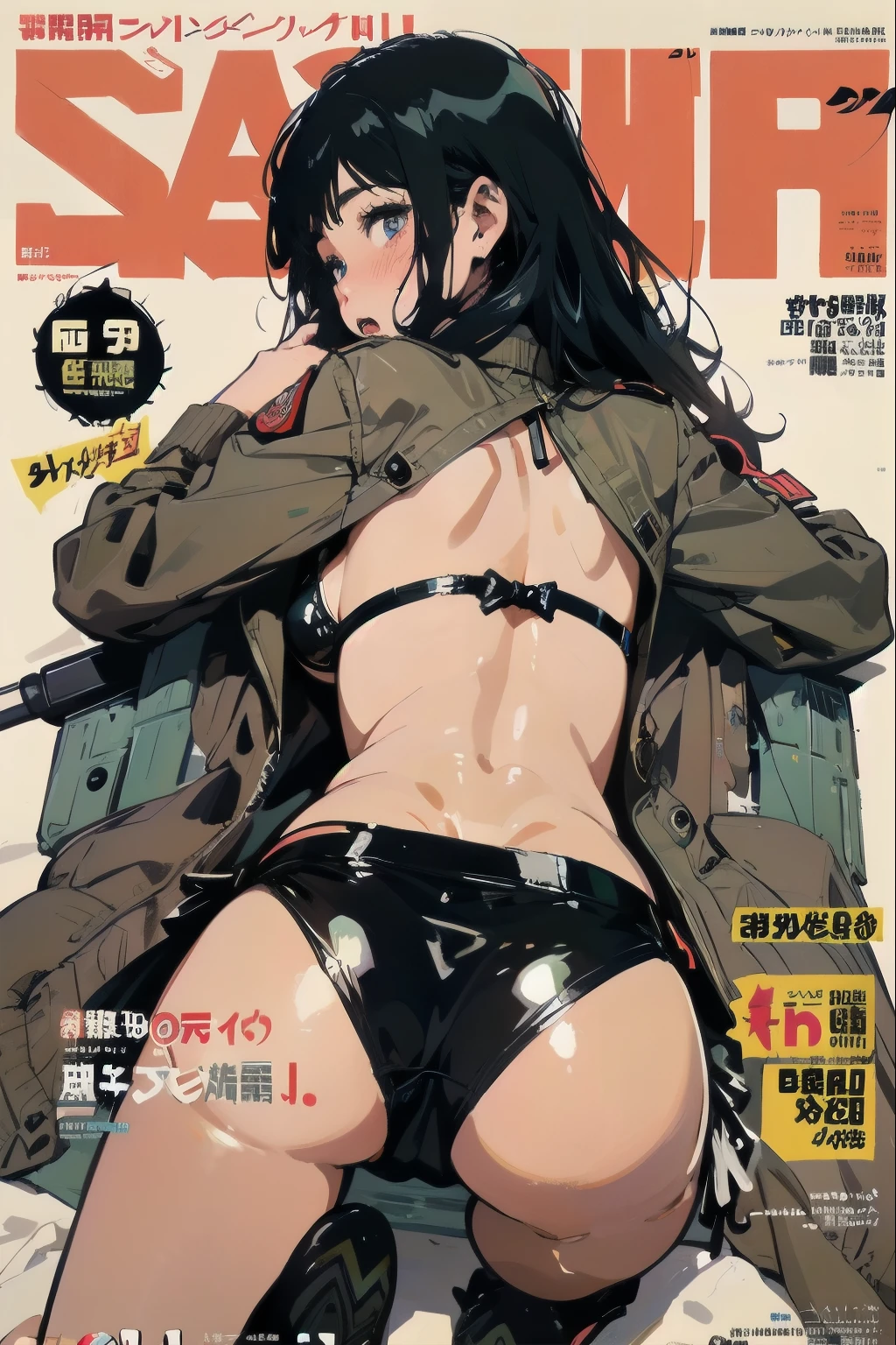 (((Hold a giant sniper rifle)))、beautiful anime-style girl, ,clean small surfaces, cyberpunk, bikini-armor、 (magazine cover:1.8)、((From the back:1.6))、(Lie down on your stomach and stick out your butt)、(dynamic pose:1.1), Cute 1 girl, highest quality、ウルトラ - High resolution、High resolution、Highly detailed CG、8k unit wallpaper、、detailed and beautiful eyes, black hair、(((colorful super shiny latex bikini)))、((( black skin, Tattered military jacket, bikini top, Latex Super Mini Skirt, tech sneakers, cleavage ,)))、(shiny body,:1.5)、blush, Sweat,please be shy、(Ahegao:1.5)、(stick out your tongue)、red blush、please be shy、(Ahegao:1.5)、full of embarrassment、turned up skirt
