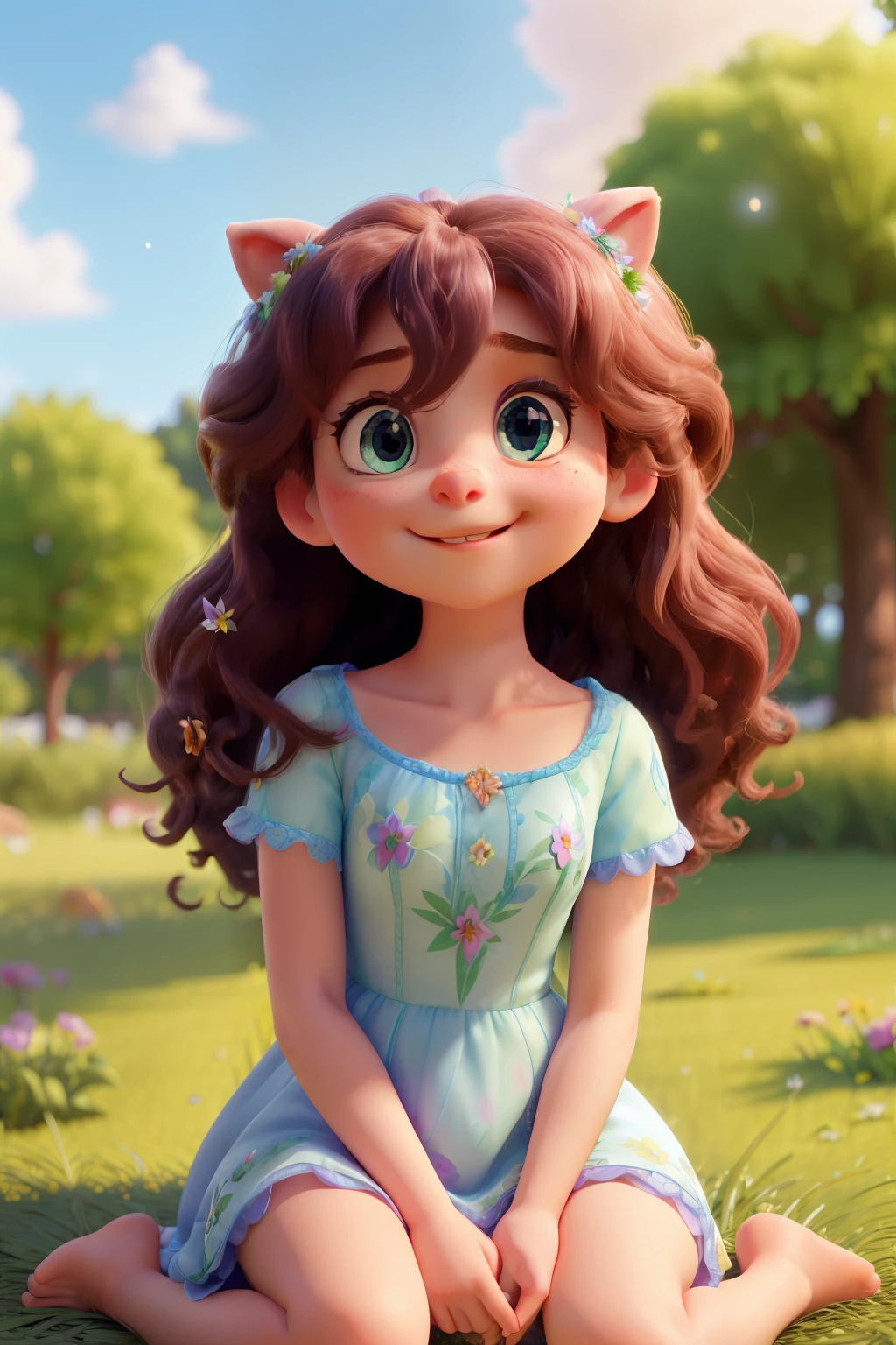 A beautiful young girl, with long curly hair and sparkling blue eyes, is sitting on the edge of a lush green grass field. She's wearing a pretty pink dress with floral patterns, and her posture exudes a sense of peaceful contentment. In front of her, an intricately designed Disney Pixar character, a 3D figure of a majestic unicorn, emerges from a blind box. Its features are rendered with superb detail, and the soft lighting from her IP illuminates its smooth surface, giving it a cinematic edge. Her face lights up with excitement and wonder as she runs her fingers over the unicorn's shiny mane, imagining the magical