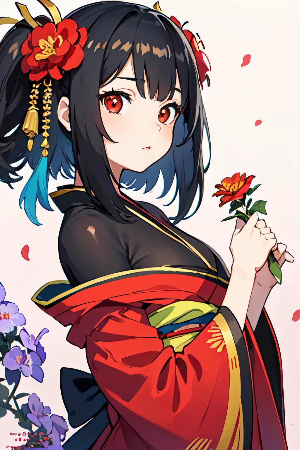 (masterpiece:1.2, highest quality), (Beautiful detailed eyes: 1.2), ((1 girl)), ((alone)), (red eyes:1.4), (small eyes and small face:1.3), (beautiful and clear background:1.2), (Very detailed CG, Super detailed, best shadow:1.1), ((Depth of the bounds written)), ((watercolor)), (They are:1.5), (kimono:1.3), big breasts, bare shoulders, flowers and petals, beautiful concept figure, (white background:0.5), (figure:1.1), (very detailed and beautiful:1.1), (perfect details:1.1), From the side, cowboy shot,