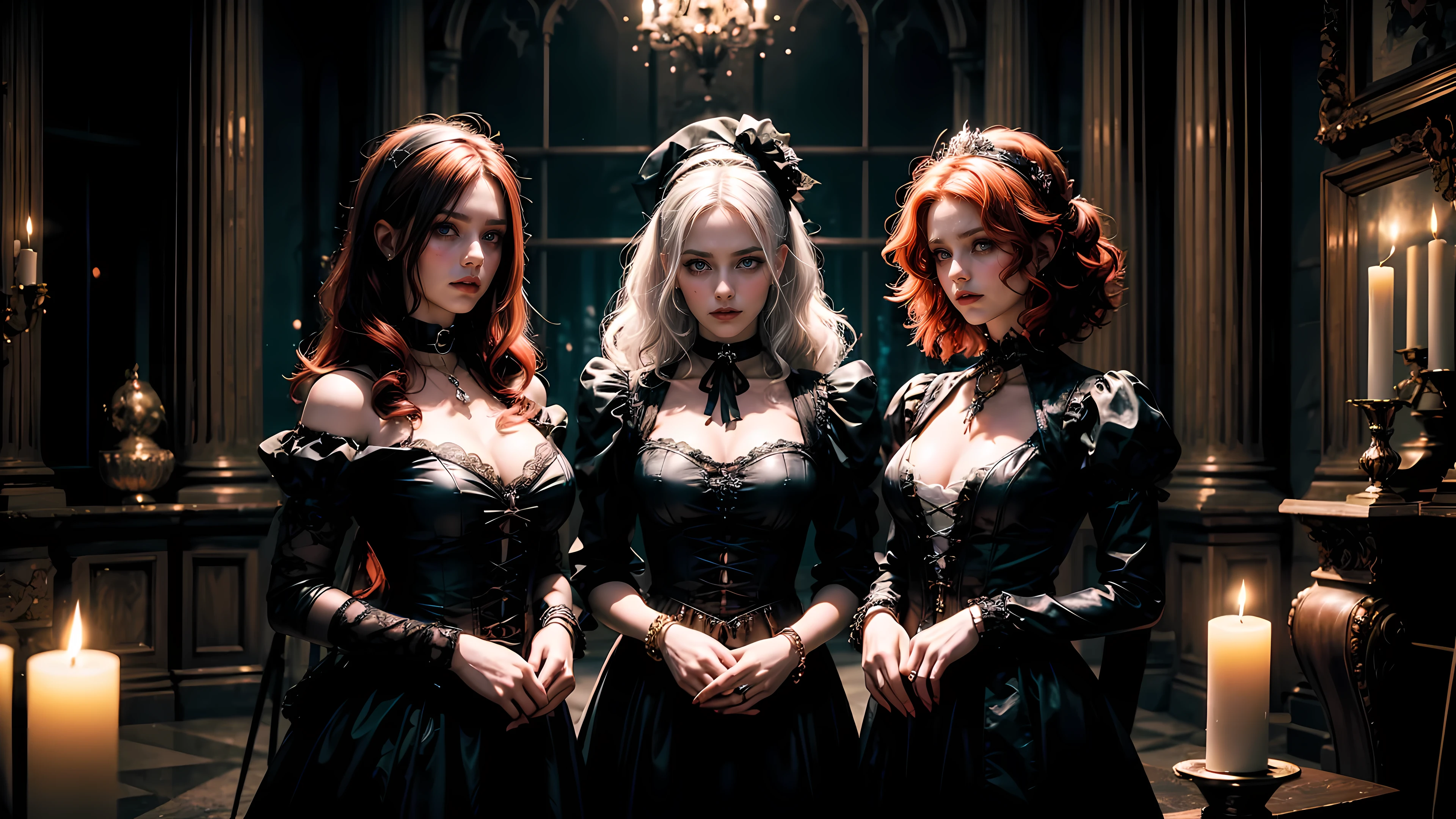 beautiful group of 18 personil woman dutch wearing gothic costume focus on face