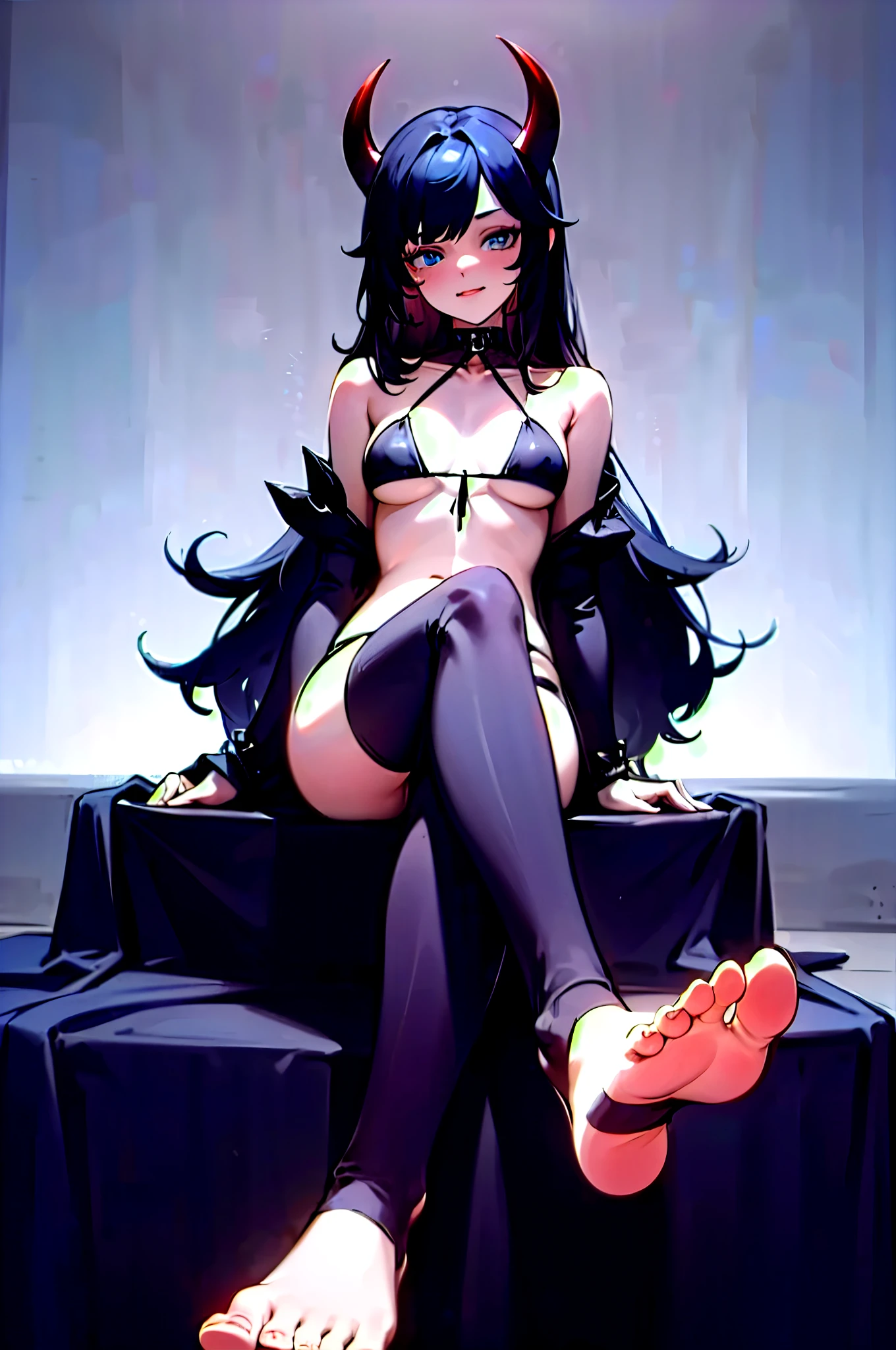 Stirrup Legwear, feet, sitting, soles, toes,  seductive gothic lady wearing skimpy black bikini, devil horns, long black hair, blue eyes, absurdres, ultra detailed, masterpiece, best quality, aesthetic, detailed,