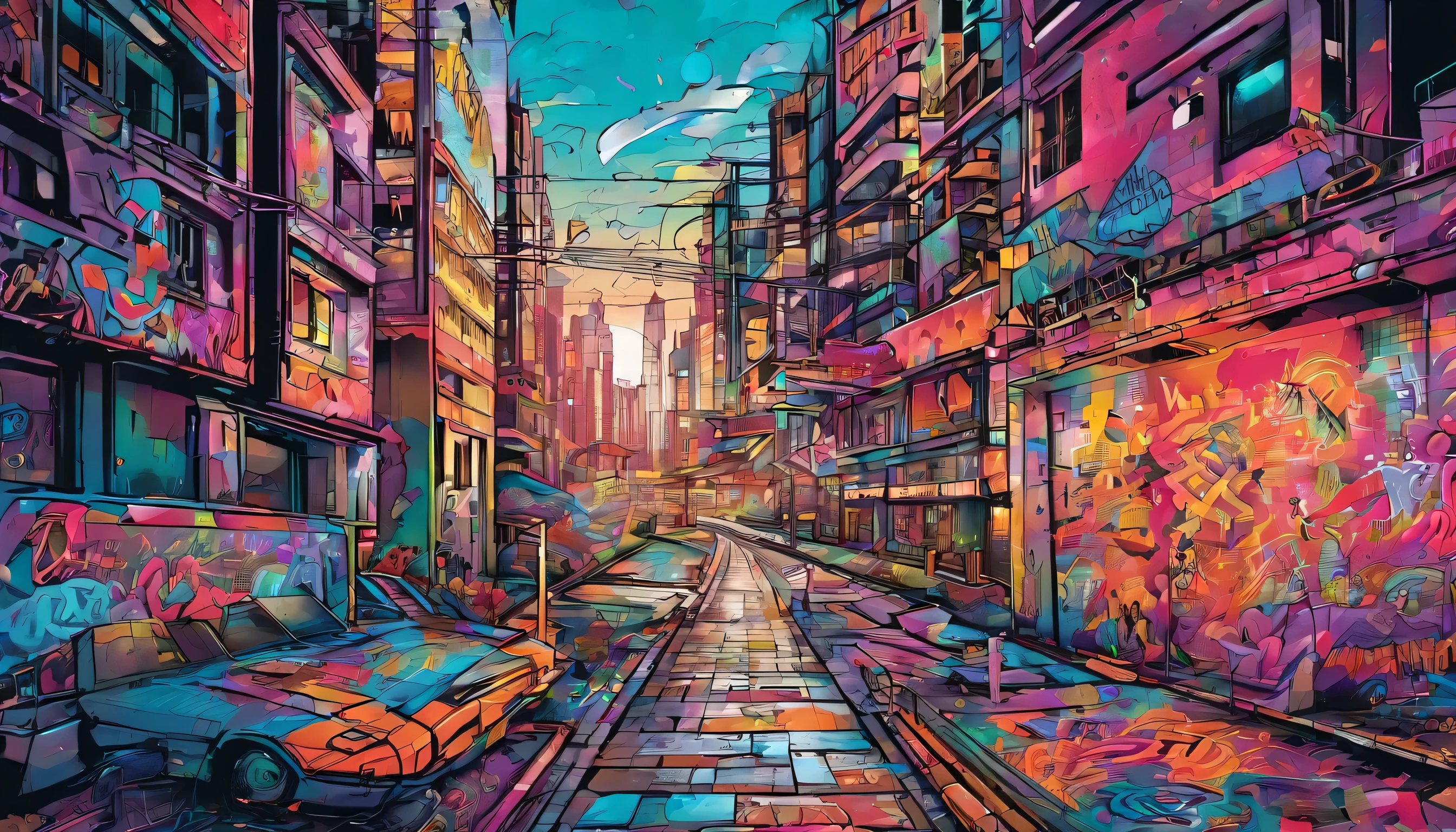 city with graffiti on the wall that says Jbeatstrip,detailed buildings,dynamic street scene,urban decay,gritty atmosphere,vibrant colors,graffiti art,street art,pop culture references,nighttime setting,neon lights,skyscrapers,gritty underpass,graffiti-covered subway cars,hip-hop music,energetic city life,diverse crowd of people,hustle and bustle,underground culture,expressive brushstrokes,high contrast,gritty textures,dramatic lighting,flashing signs,graffiti artists at work,edgy and raw,alternative lifestyle,futuristic vibes,intense energy,gritty alleyways,vibrant and energetic,streetwear fashion,urban exploration,busy intersections,tagged fire escapes,colorful murals,buzzing nightlife,graffiti tags on lampposts,creative expression,cityscape with character,splash of colors,urban art movement,skateboarders performing tricks,secret hideaways,beating heart of the city,city walls telling stories