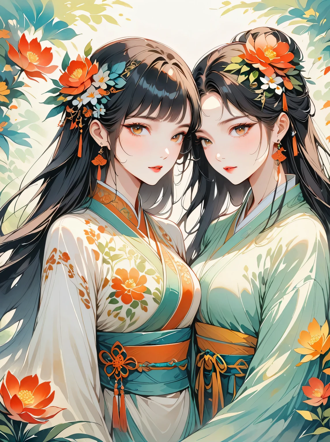 The depiction of female figures is imaginative and vivid,Consider this your dream girl and life partner,Integrating the softness of traditional Chinese women with the role of modern Chinese housewives。This artistic expression highlights her nurturing and caring nature,It also shows her elegance and elegance。She is described as having delicate features、warmth、seductive expression。Her clothes are a stylish fusion of tradition and modernity,reflects the duality of her character。She is portrayed as a comfortable、In the modern environment,embodies a kind of love、The Essence of a Committed Partner and Homemaker。The background contains comfortable living space elements,Symbolizes stability and warmth。The overall style combines reality and fantasy,Capturing a dreamy contemporary aesthetic。 (floral watercolor painting:1.5),(Super high saturation, Bright colors:1.3)