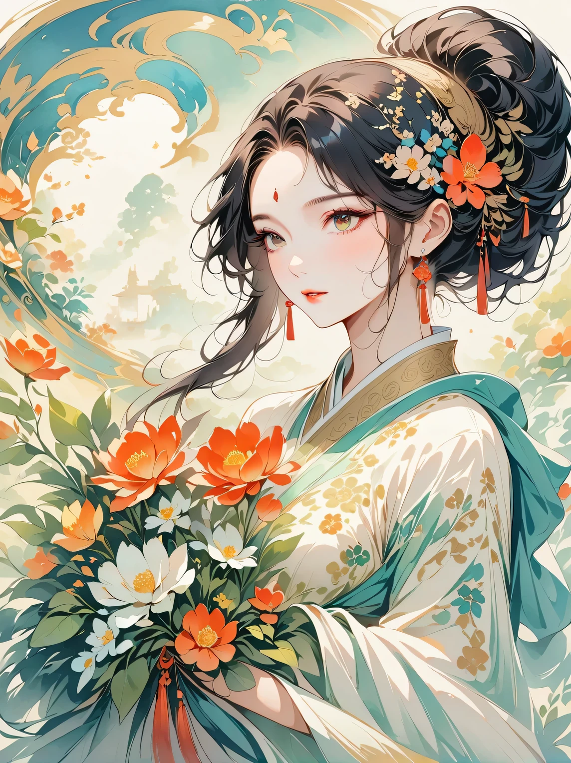 The depiction of female figures is imaginative and vivid,Consider this your dream girl and life partner,Integrating the softness of traditional Chinese women with the role of modern Chinese housewives。This artistic expression highlights her nurturing and caring nature,It also shows her elegance and elegance。She is described as having delicate features、warmth、seductive expression。Her clothes are a stylish fusion of tradition and modernity,reflects the duality of her character。She is portrayed as a comfortable、In the modern environment,embodies a kind of love、The Essence of a Committed Partner and Homemaker。The background contains comfortable living space elements,Symbolizes stability and warmth。The overall style combines reality and fantasy,Capturing a dreamy contemporary aesthetic。 (floral watercolor painting:1.5),(Super high saturation, Bright colors:1.3)