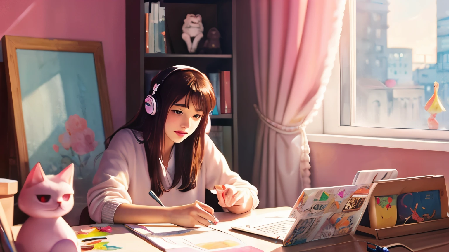 Face, pretty girl listening to music in a corner of a pink room, painting, detailed work, delicate, sense of depth, anime style, large room, cluttered, immersed, colorful, urban, city center, cutting edge, cat