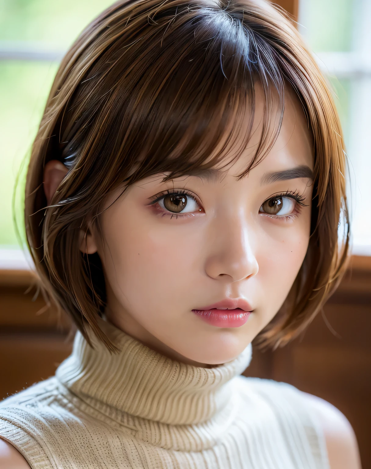 best quality, face focus, soft light, ultra high res, (photorealistic:1.4), RAW photo, 1japanese girl, solo, cute, (pupil, lights in the eyes), detailed beautiful face, (small chest),(high resolution detail of human skin texture), (brown bob hair), indoor, knitted turtleneck, sleeveless, (portrait)