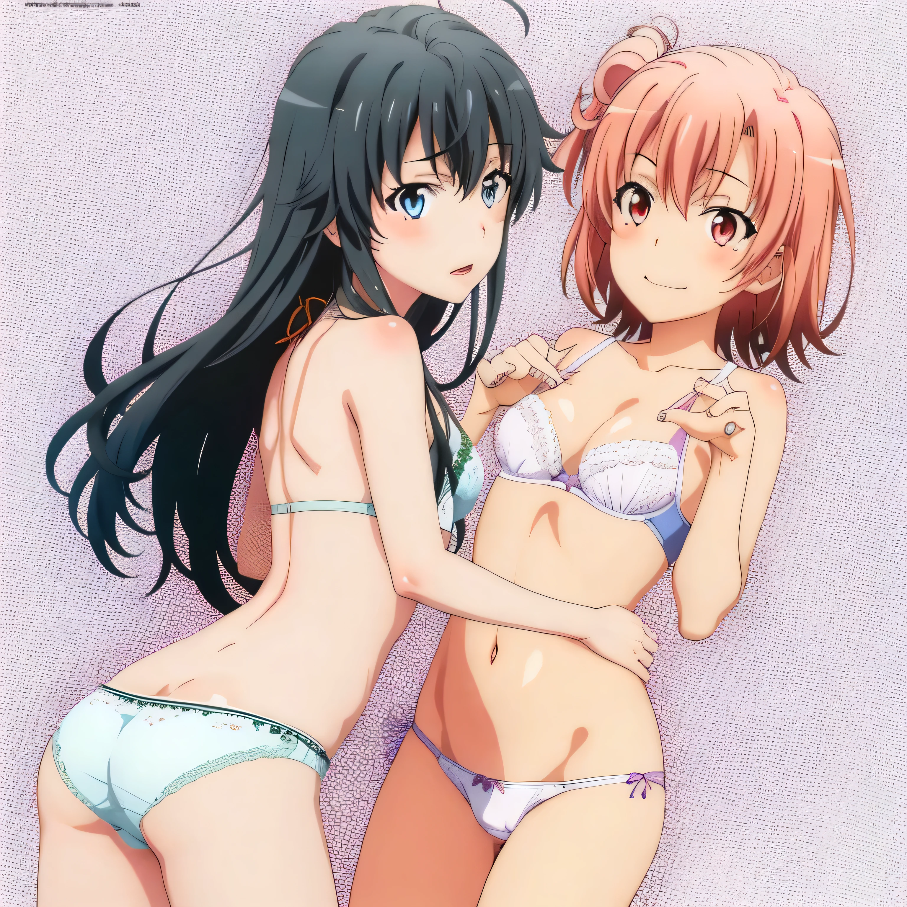 2 girls , Yukinoshita Yukino , Yuigahama Yui has a wonderful bust and hips....., waltz dance , In underwear,pink good,belly button,side-string panties,white bra、belly button,white panties,pussy line,urethra,nsfw,thighs,butt,look at the camera,shy,blush,high angle,pin up