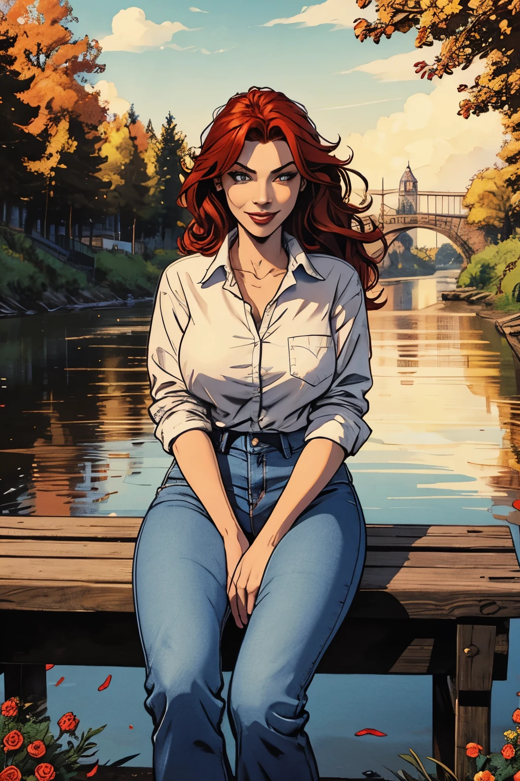 digital art, (vampire girl, red hair, big red eyes, thin lips, round face, huge breasts, flowers, baggy jeans, white shirt, discreet smile, cute look), (sitting on a bench, river in the background, Golden hour ), by Daniil Suponitsky jpegman