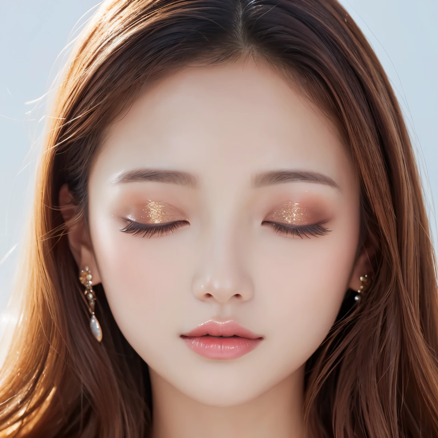 (highest quality、table top、8K、best image quality、Award-winning work)、1 woman、(close up of face:1.1)、(nude:1.1)、Korean beauty cosmetics advertisement、(beautiful perfect glitter makeup:1.1)、(Red and sparkling makeup around the eyes and cheeks:1.1)、(Long hair with strong waves:1.1)、(Beautiful milky white skin:1.1)、shiny soft skin,、Perfect, beautiful skin with luster and moisture、the most beautiful skin、Smooth and shiny skin、Advertising photo for cosmetics、portrait shot、Beautiful face based on white、Ultra high definition perfect face、(completely closed lips:1.1)、(Fully closed eyelids:1.1)、ultra high definition hair、Super high resolution glossy lips、accurate anatomy、Beautiful skin that shines brightly、(Solid white background:1.1)