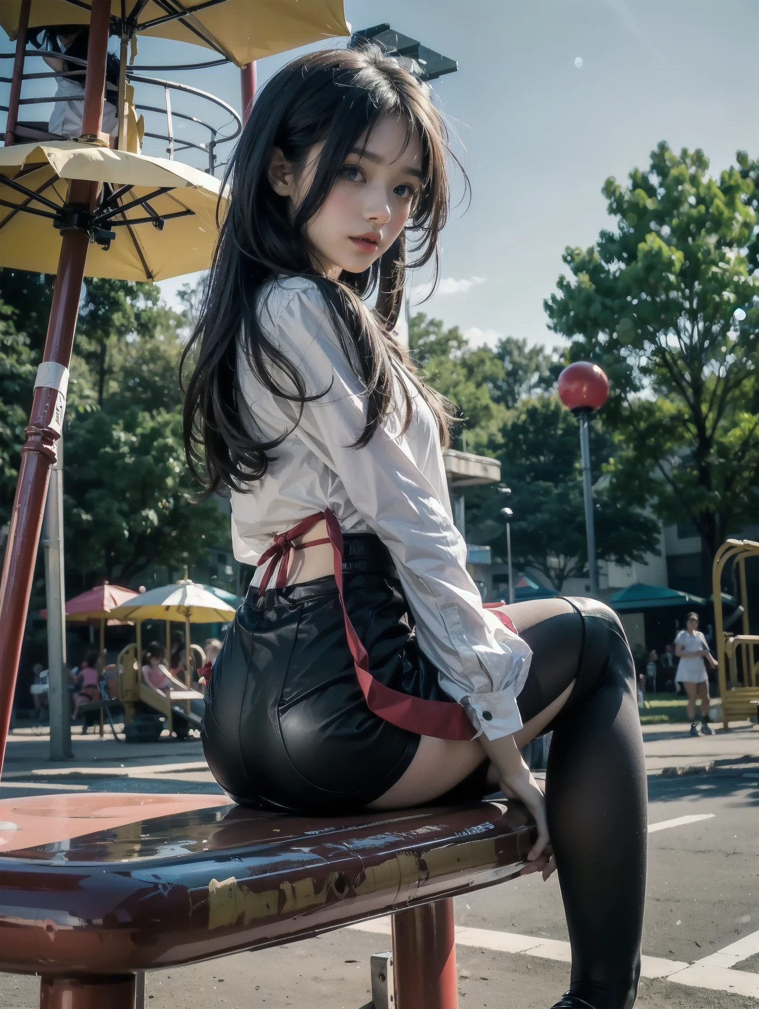 (Masterpiece: 1. 2), (Top quality: 1. 2), Anime girl, 1, 6 , Fashionable ribbon, red intricate and detailed eyes, white female blouse, brand grey blazer, small red ribbon on chest, super young and cute kindergarndergarten , priss skirt, black tights, details Fine tights, full body, young girl looking back from the side, front view, alone, bruised and super cute, thighs open left and right, erotic pitch kindergarten ,
Background is sitting on the playground equipment in the park, legs open and looking at you, colourful background, beautiful shading effect, bewitching character poses like a scene from a movie.