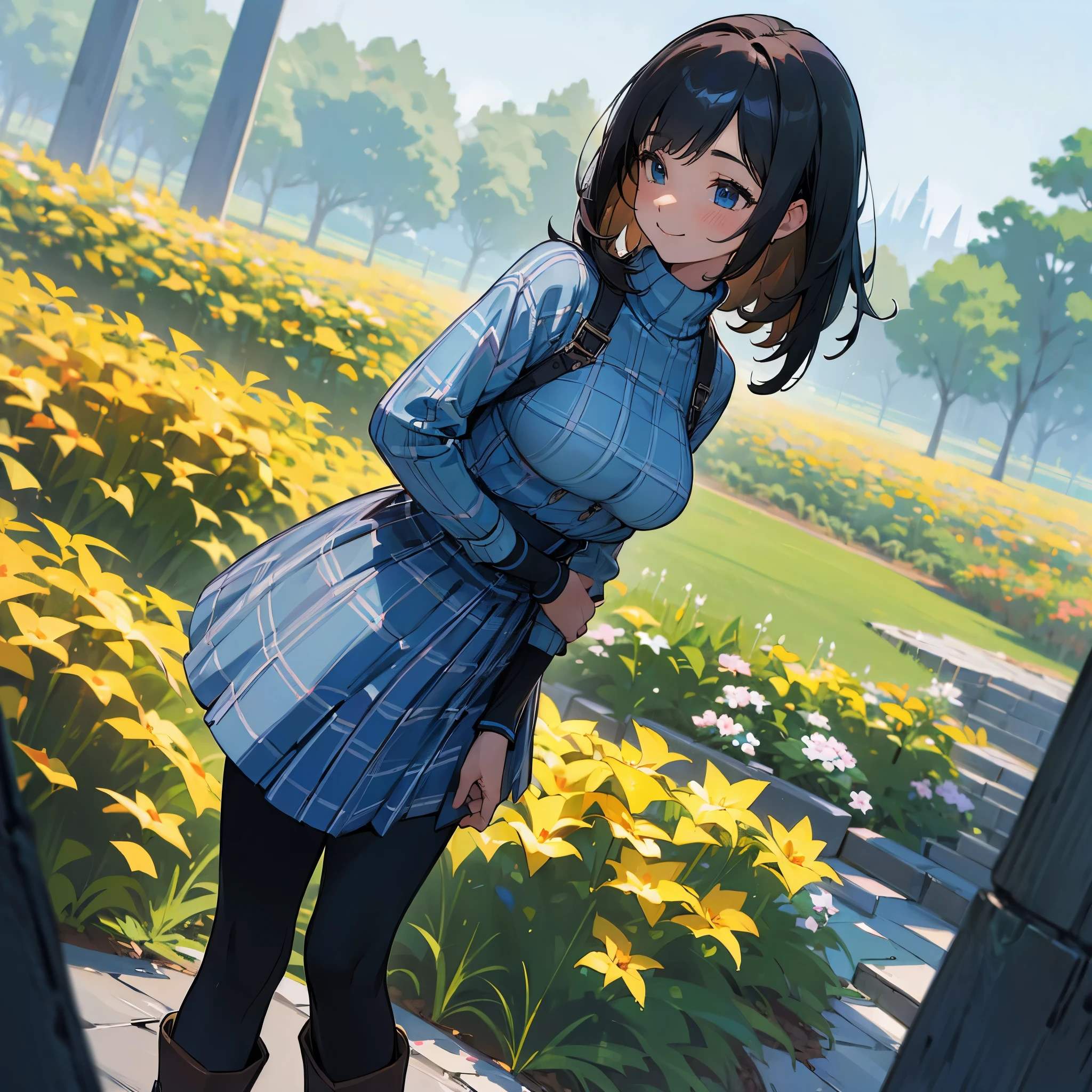 (high quality, High resolution, Super detailed, reality:1.37), peaceful atmosphere, (outdoor, garden),  girl standing alone, (my breasts are big.), Beautiful detail features, cute smile, (black bob hair), ribbed sweater, blue plaid skirt, black tights, brown boots.